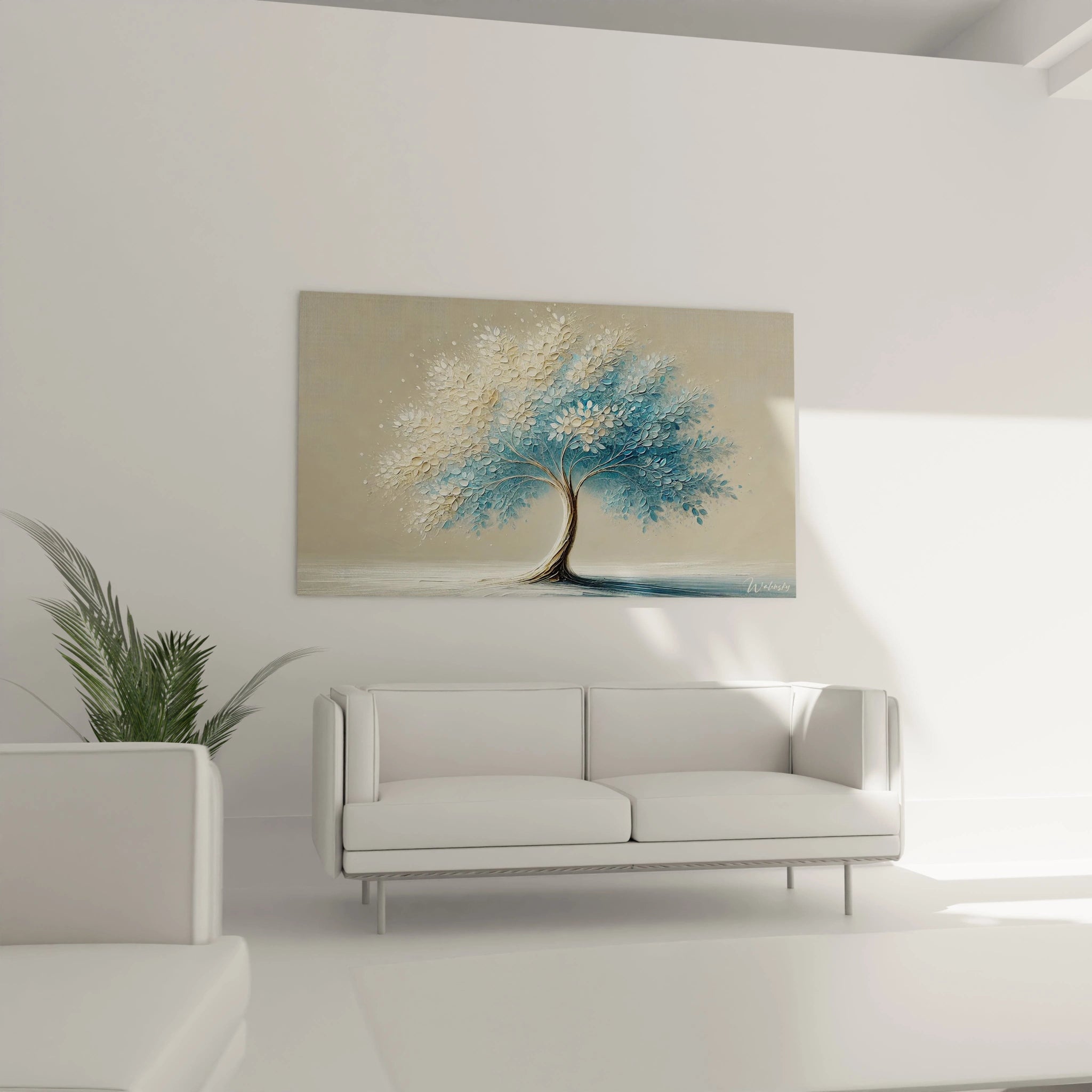 Tableau Arbre suspendu dans un salon au-dessus du canapé, incarnant l’harmonie de la nature. Les nuances subtiles et textures en relief enrichissent le decor d'une ambiance douce et contemporaine.
