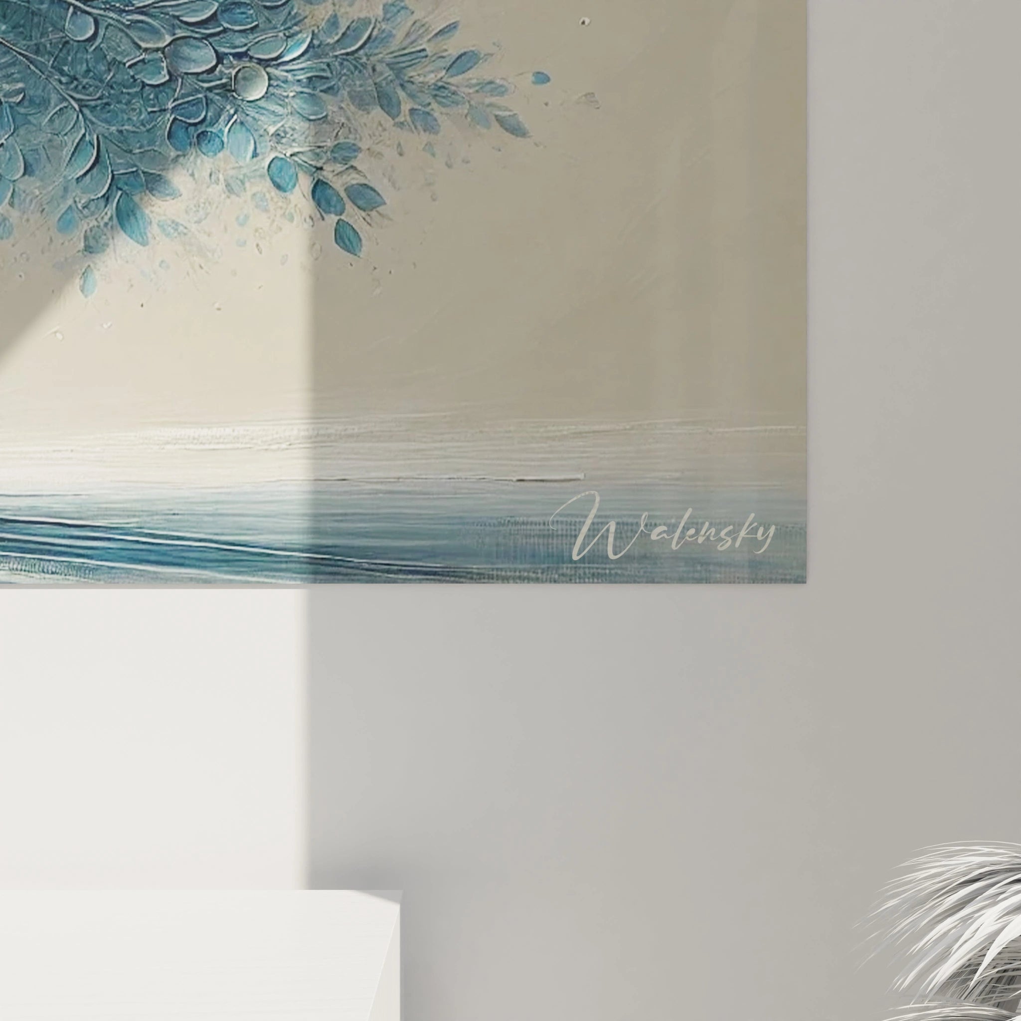 Vue de pres du Tableau Arbre, revelant chaque detail en textures et reflets. Une oeuvre qui invite a la contemplation, ou chaque feuille illuminee semble flotter sous une lumiere apaisante.