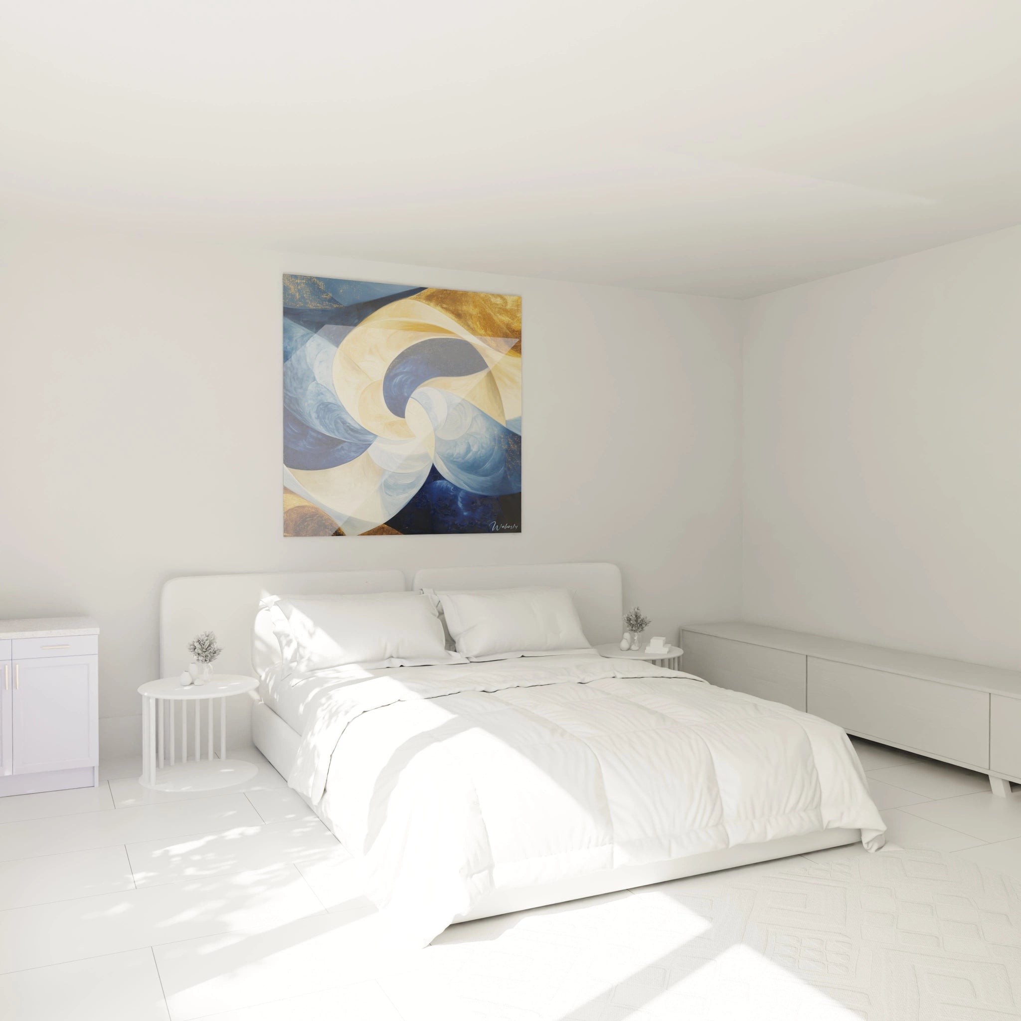 Tableau moderne abstrait par Walensky avec des formes ondulées en bleu et doré dans une chambre lumineuse