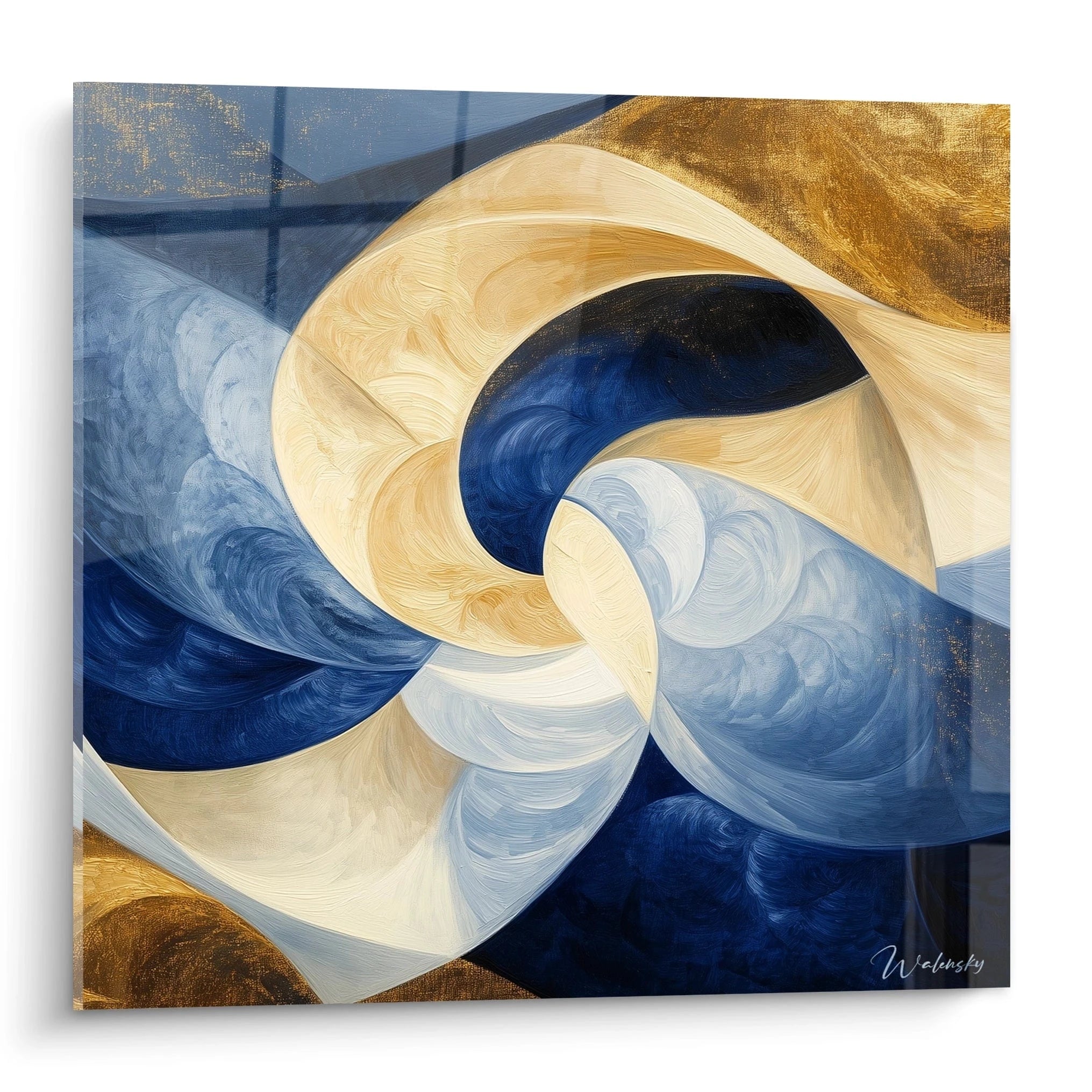 Tableau moderne abstrait de Walensky avec des motifs ondulés en bleu et or