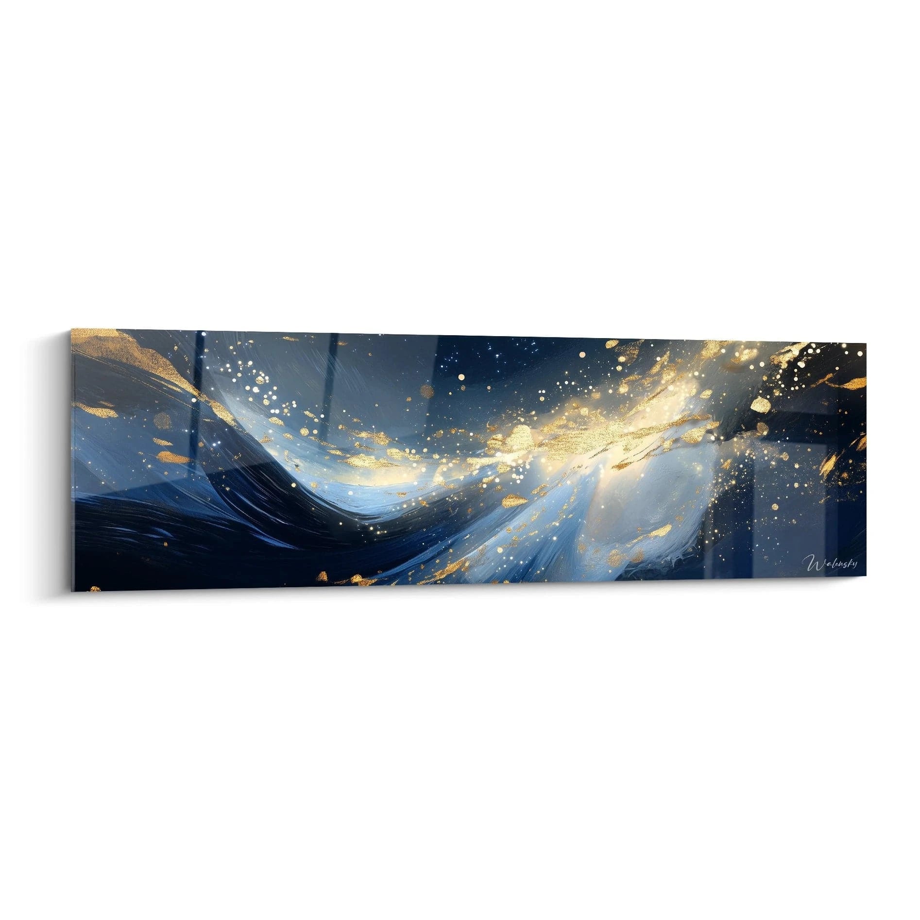 Tableau moderne abstrait Walensky avec des courbes en bleu et or pour une décoration élégante