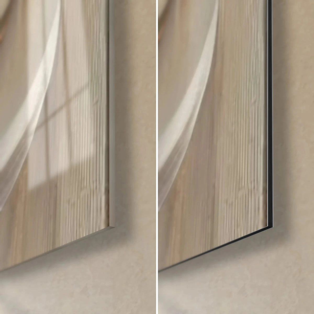 Wall art with mother-of-pearl and gold ribbons, bottom right corner: glossy acrylic glass on the left, matte Dibond aluminium on the right