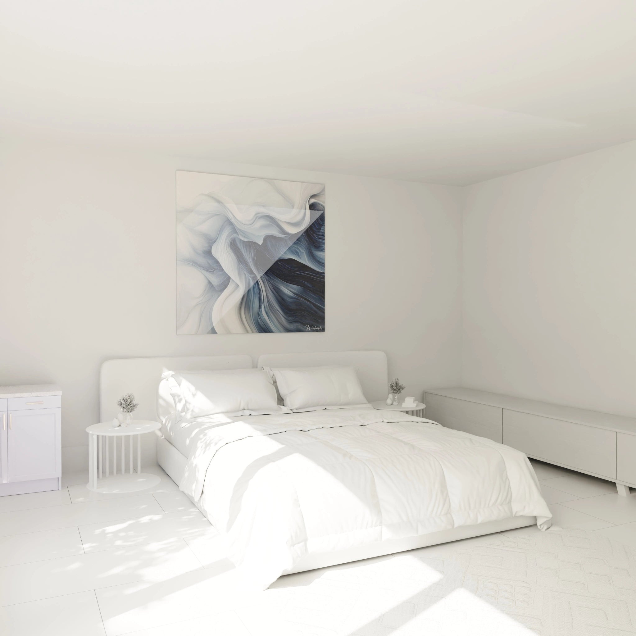 Tableau moderne abstrait de Walensky avec des vagues bleues et blanches dans une chambre lumineuse