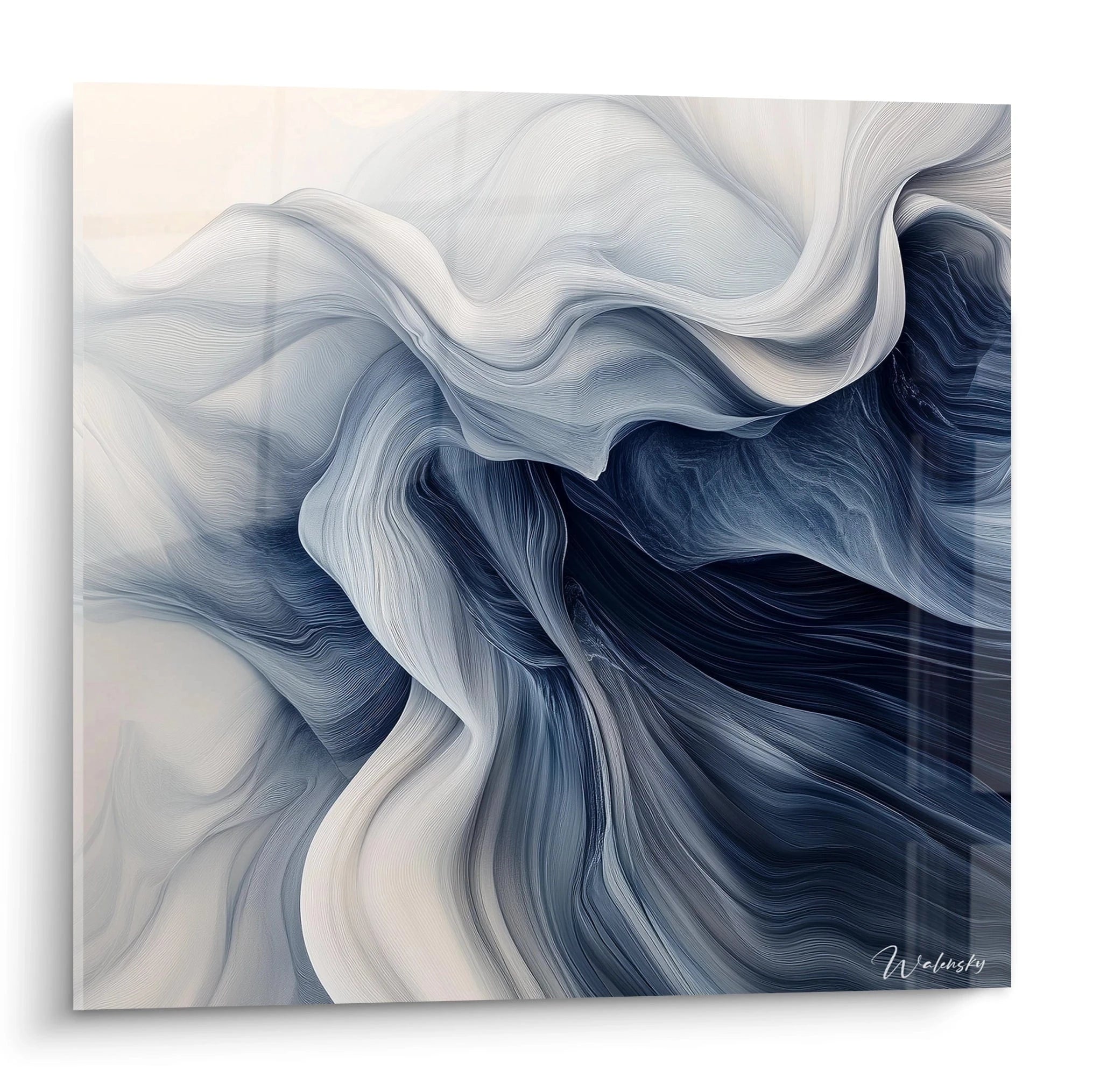 Tableau moderne abstrait de Walensky avec des vagues fluides dans des tons de bleu et blanc