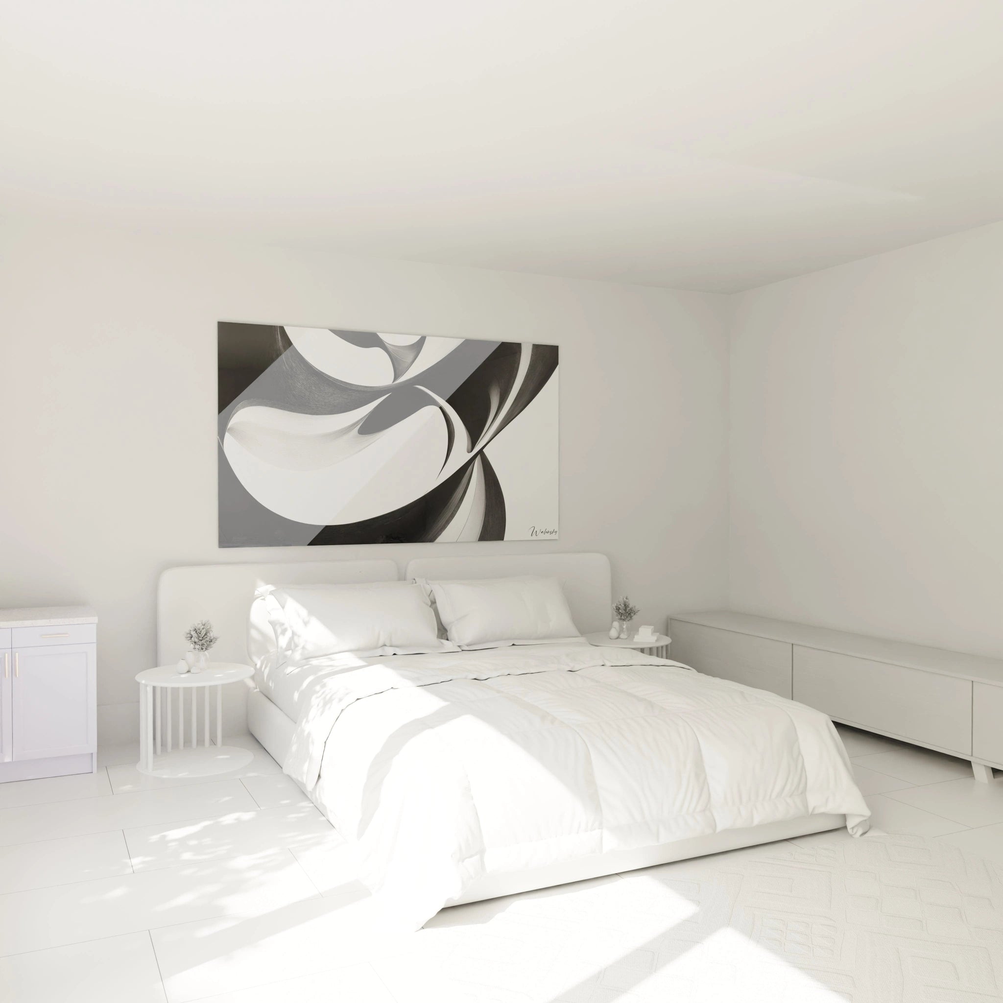 Un tableau rayures noir et blanc minimaliste mettant en scène des rubans sinueux qui semblent flotter dans l'espace. Les formes géométriques noires aux contours nets se déploient avec élégance sur la surface blanche, créant un jeu d'optique hypnotique grâce à leurs courbes parfaitement maîtrisées.