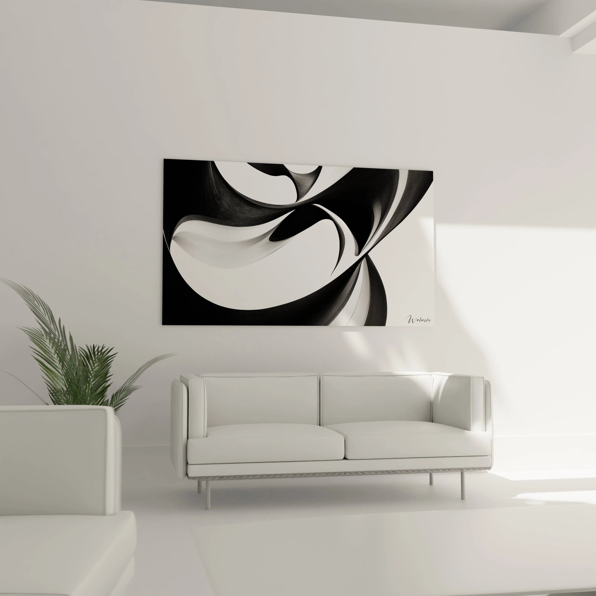 Un tableau rayures noir et blanc abstrait composé de bandes entrecroisées créant une composition dynamique. Les éléments noirs aux lignes fluides serpentent à travers l'espace blanc, produisant des zones de tension visuelle et des effets de volume malgré la stricte bichromie de l'œuvre.