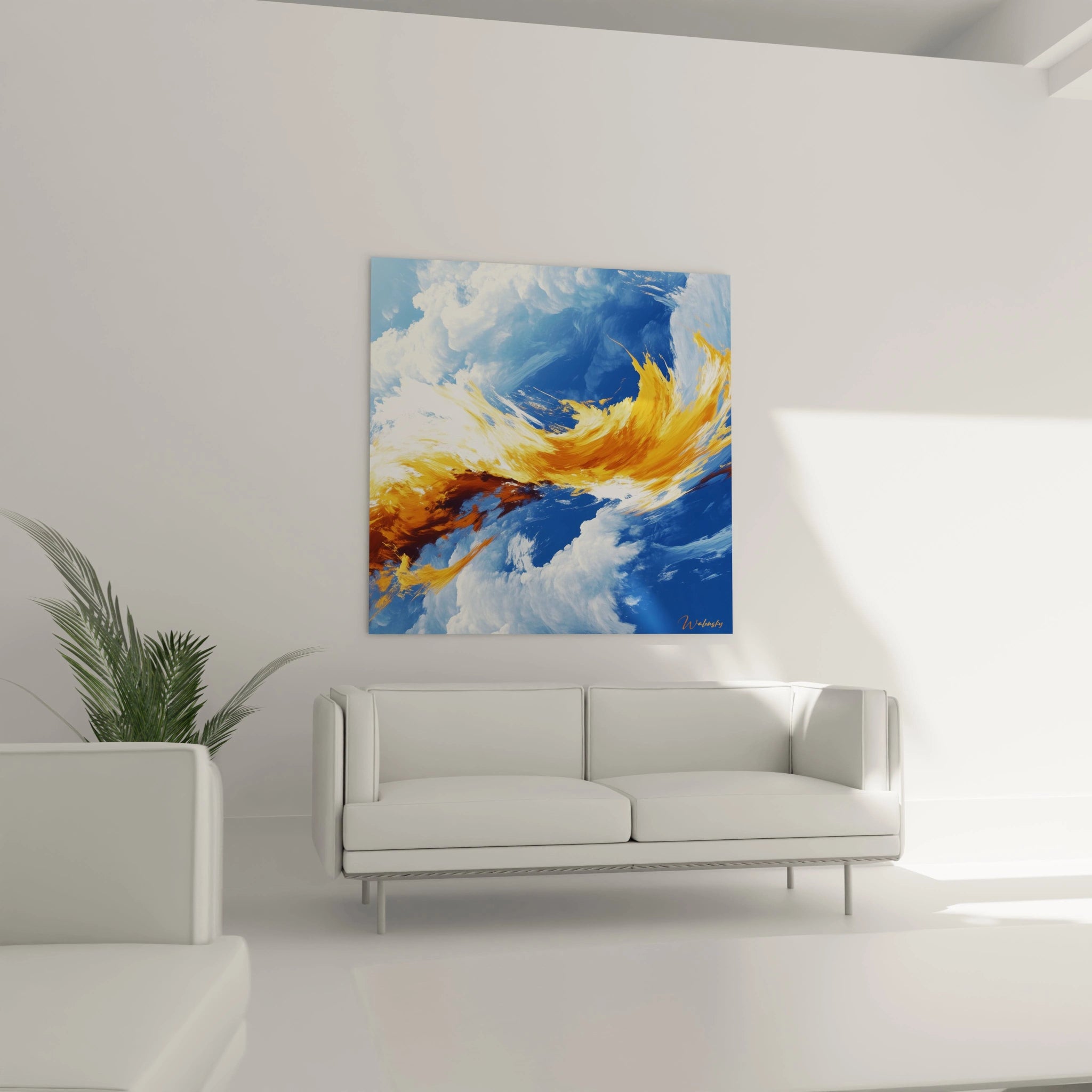 Tableau minimaliste abstrait de Walensky avec des nuances bleues et dorées sur un mur clair