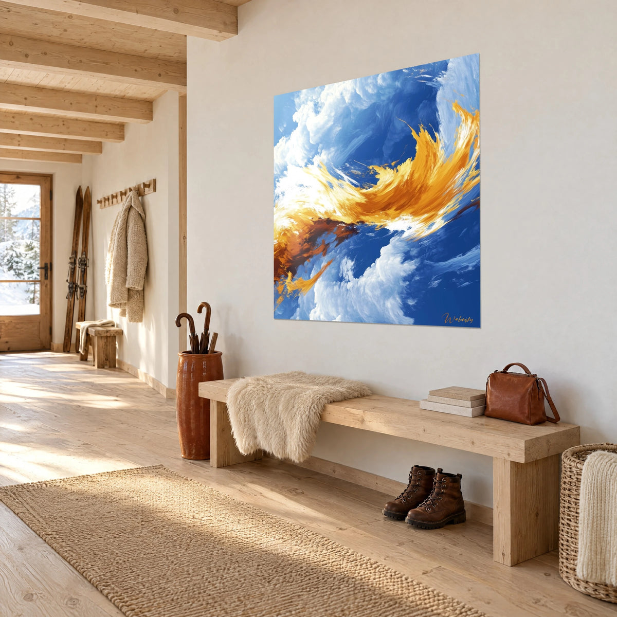 Tableau vague de coups de pinceau ocre et orange sur nuées ivoire et bleu profond, vue de trois-quarts, entrée de chalet