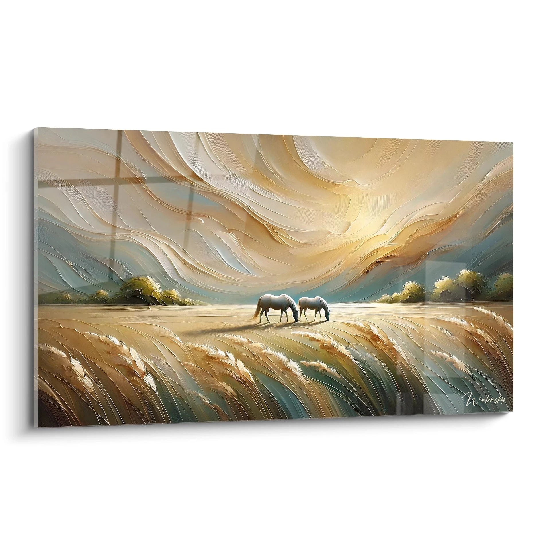 tableau Campagne avec vue de biais capturant un champ dore et deux chevaux paisibles sous un ciel texture et mouvant pour une ambiance de serenite et de fluidite naturelle