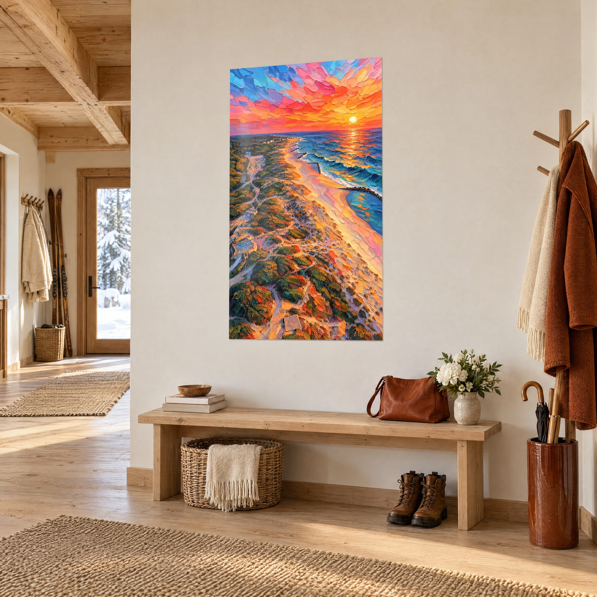 Littoral de Soulac-sur-Mer aux tons turquoise et ocre, accroché au-dessus d'un canapé dans un salon lumineux