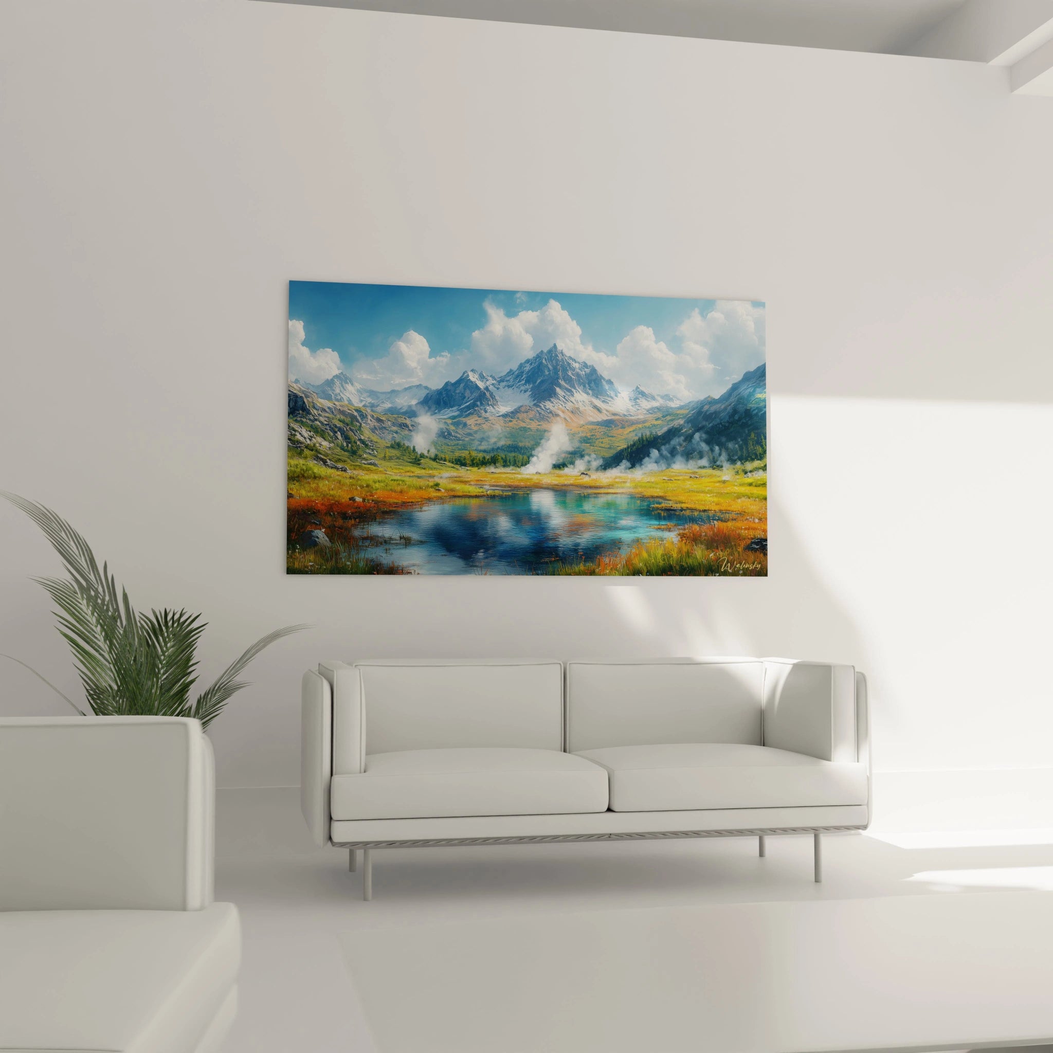 Paysage montagneux en tableau montrant lac d'altitude aux reflets cyan, végétation rase teintée orange et brun, montagnes imposantes bleu glacier à l'arrière-plan