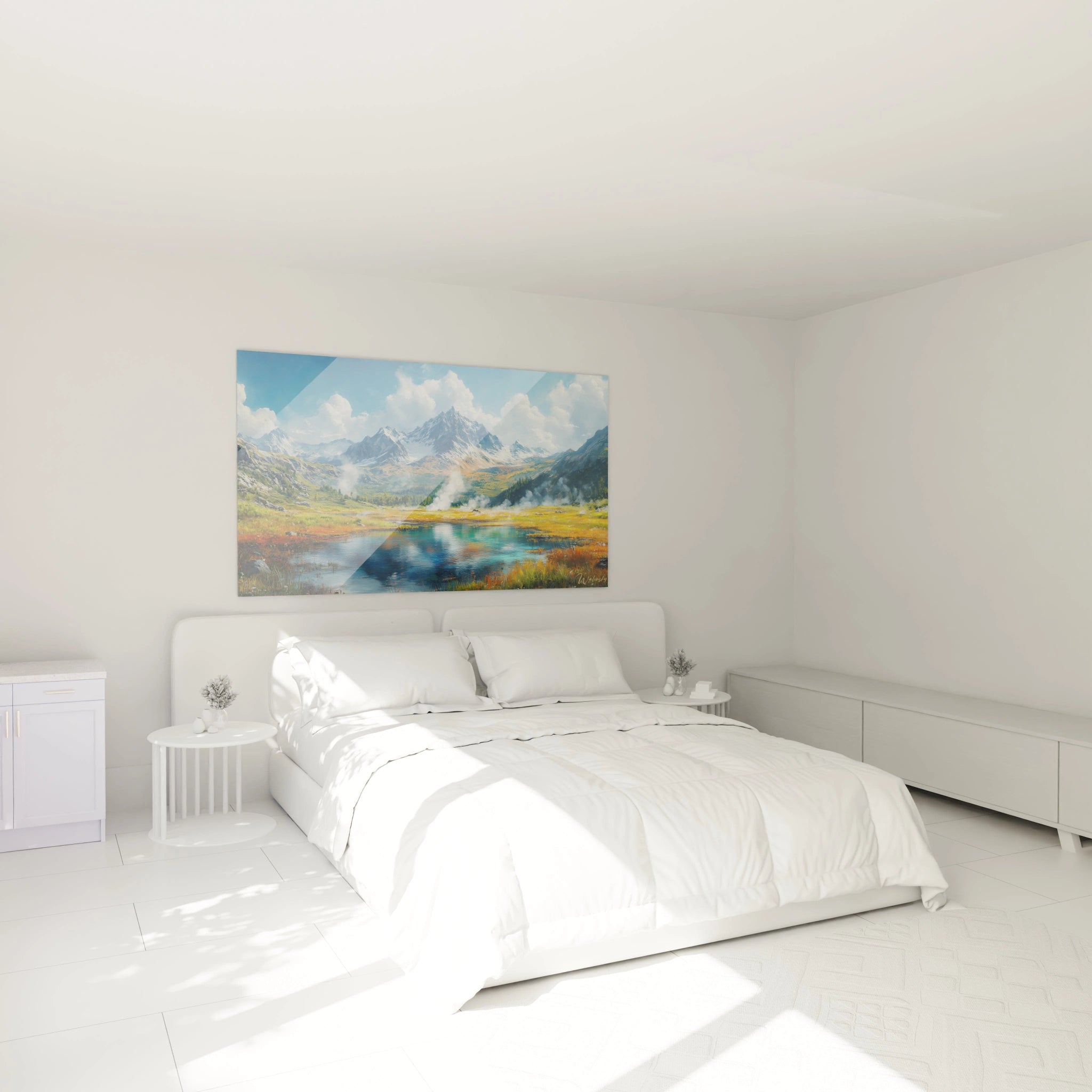 Tableau montagne illustrant vallée glaciaire, geysers naturels dégageant vapeur blanche, prairies automnales orangées et pics rocheux bleus sous ciel nuageux