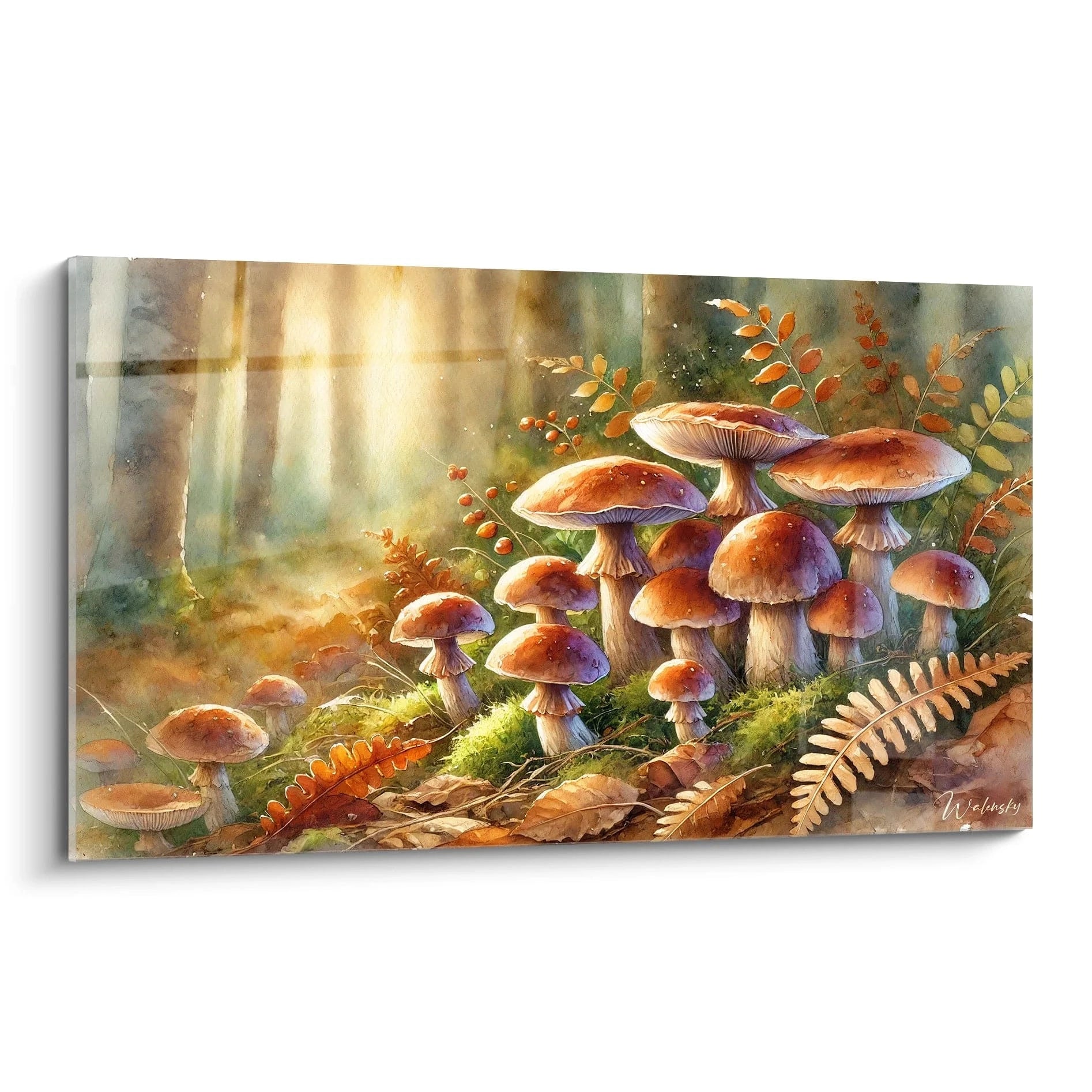Tableau Automne vu de biais, capture realiste d'une clairiere en foret. Champignons, fougeres et feuilles dorees evoquent la serenite de l'automne. Ideal pour une ambiance chaleureuse.