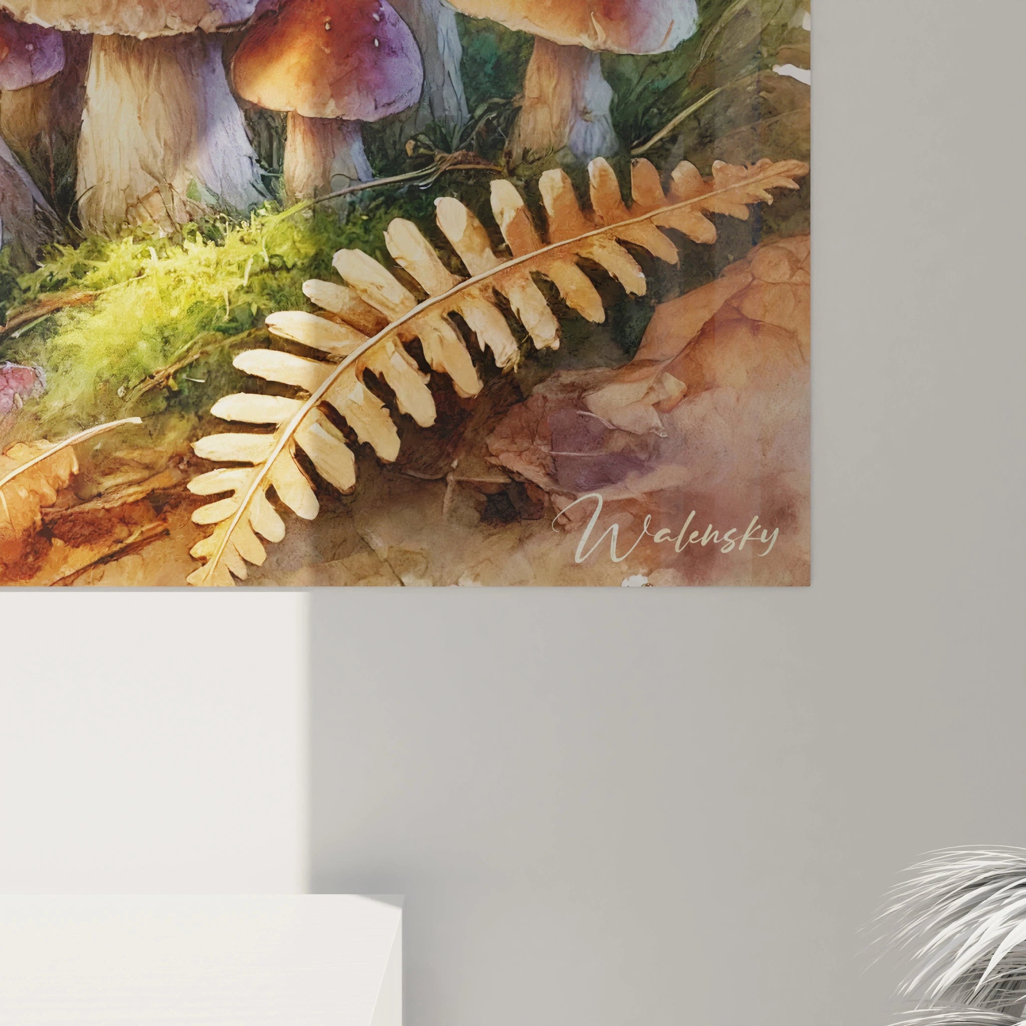 Vue de pres du Tableau Automne, details delicats et textures fines des champignons et fougeres. Cette oeuvre realiste capte la magie d'une clairiere forestiere, apportant une touche de nature.