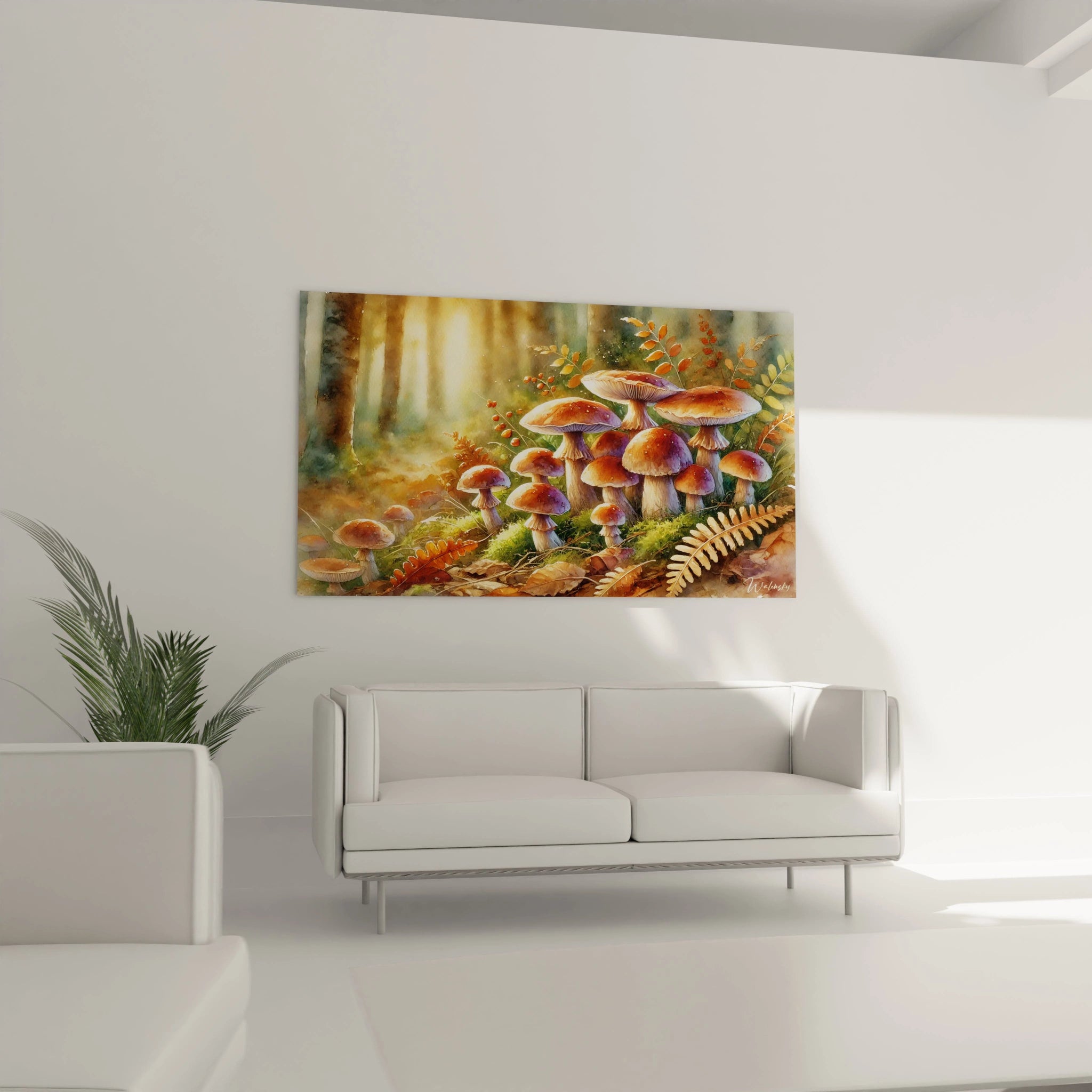 Tableau Automne accroche dans un salon, ajoute une touche de serenite au dessus du canape. La douce lumiere et les teintes forestieres d'automne creent un espace chaleureux et accueillant.