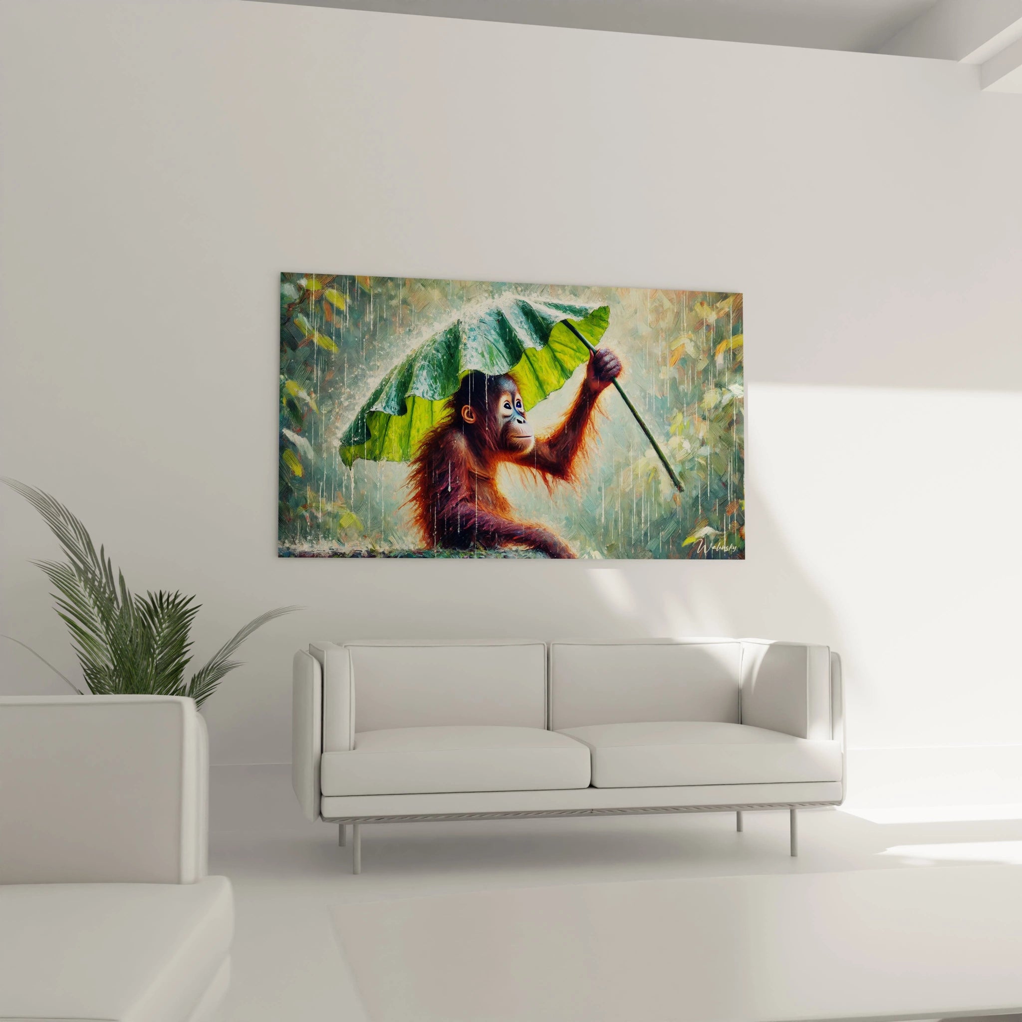 Installez ce tableau singe au-dessus de votre canapé. La scène vivante d'un orang-outan vous connecte à la nature, apportant chaleur et originalité à votre intérieur.