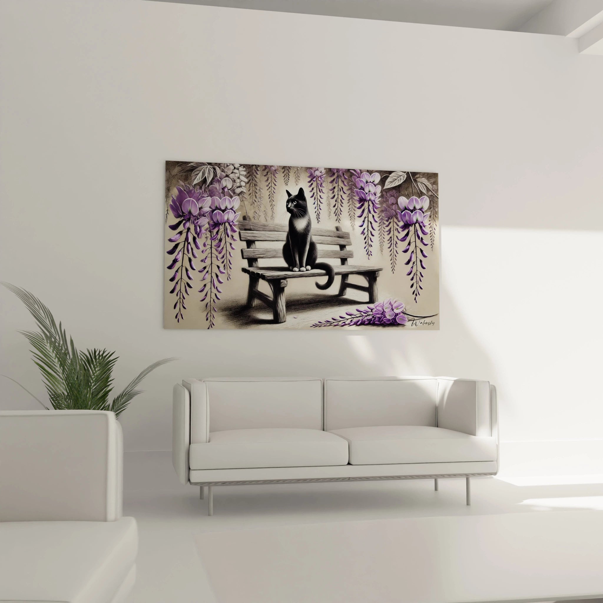 Ce tableau chat suspendu au-dessus d'un canape dans un salon elegant ajoute une note de serenite grace a l'association harmonieuse du chat noir et blanc et des glycines violettes.