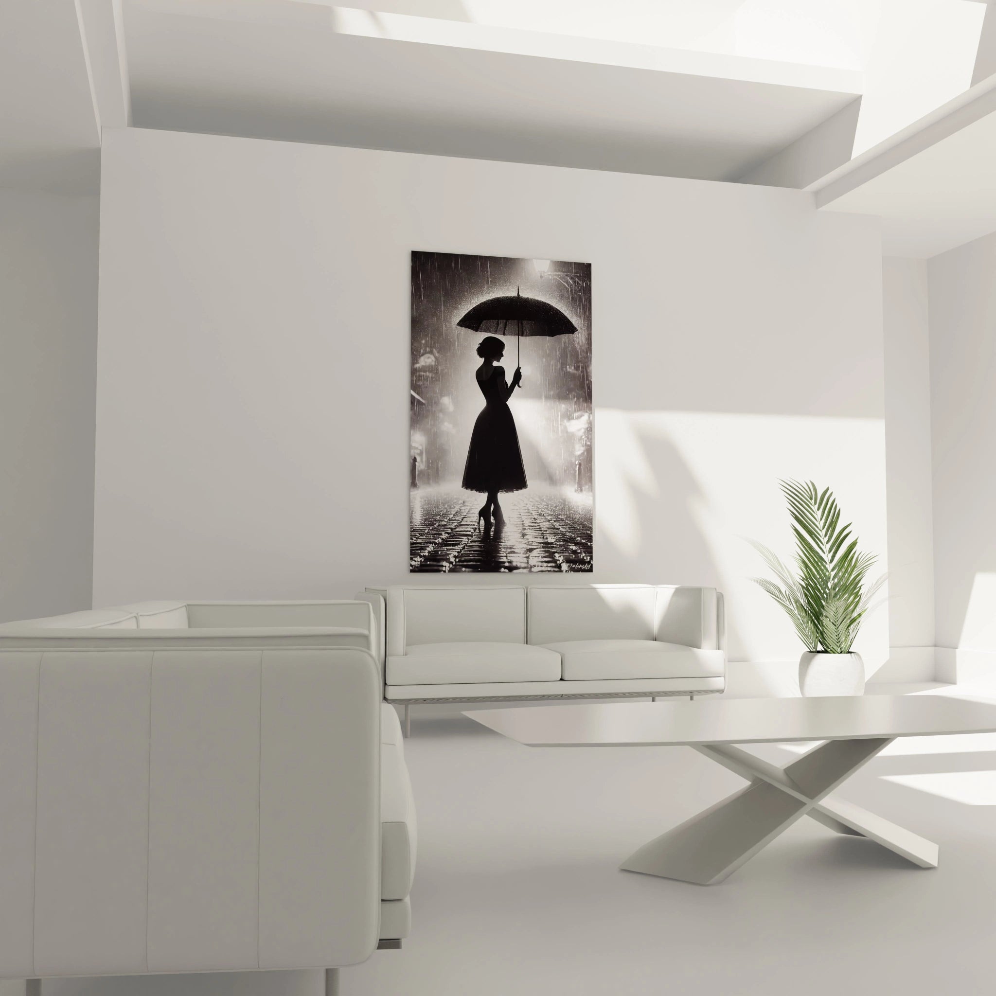 tableau noir et blanc au dessus du lit dans une chambre reflets urbains lumière douce ambiance calme et rêveuse atmosphère intime élégance silhouette sous la pluie harmonie contrastée décoration raffinée