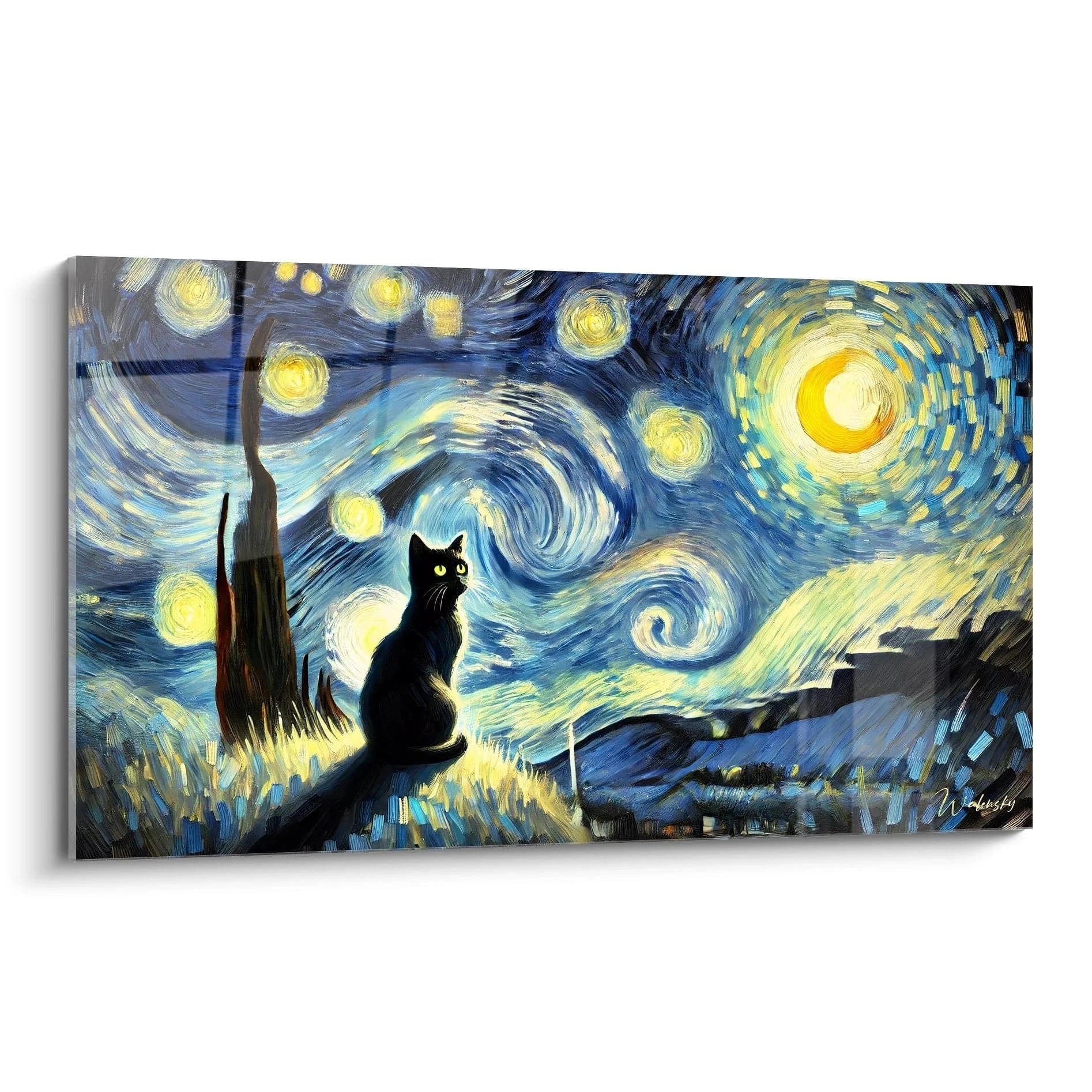 Admirez ce tableau chat, vu de biais, révélant ses détails féeriques. Le chat noir mystérieux contraste magnifiquement avec un ciel étoilé tourbillonnant, idéal pour sublimer vos espaces artistiques.