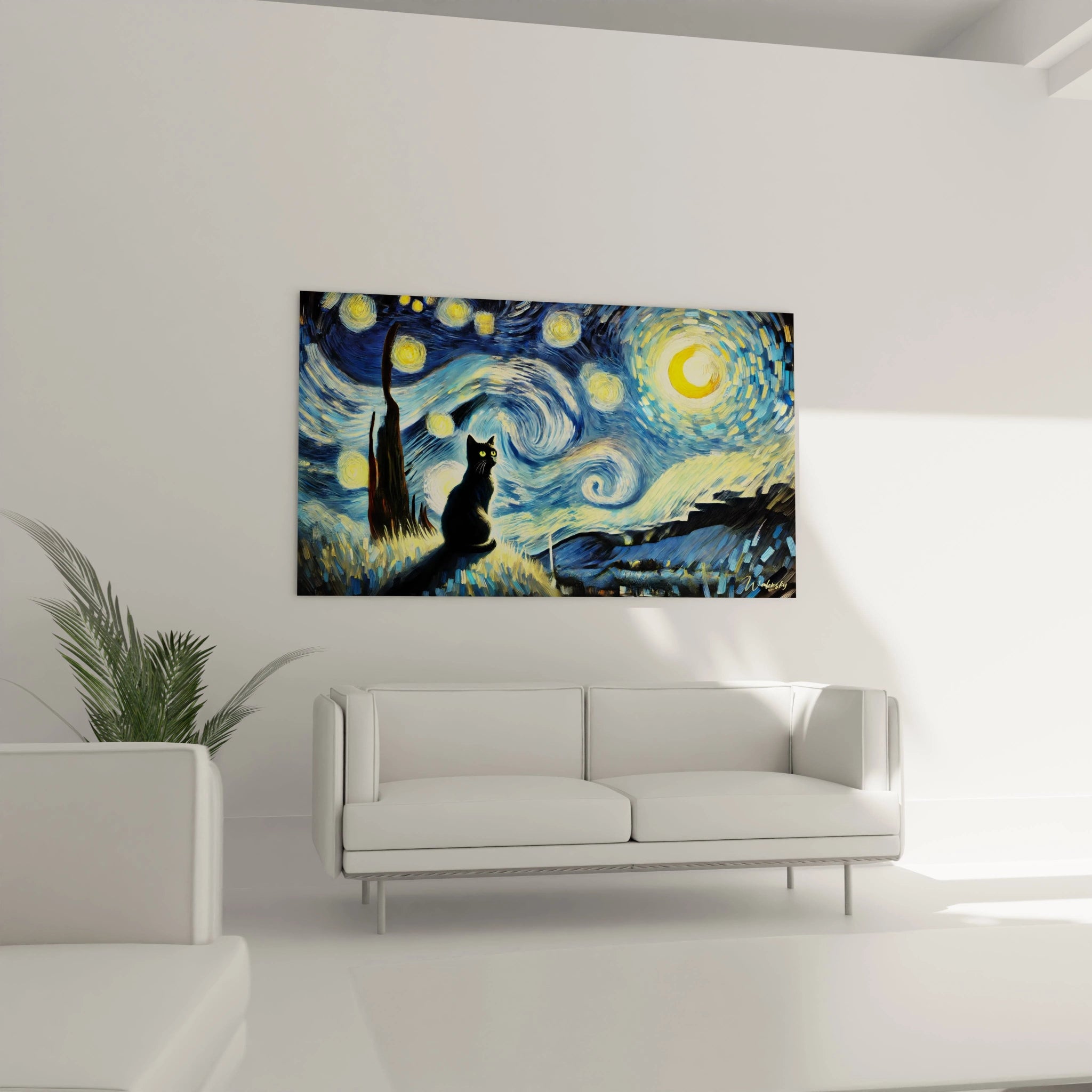 Ce tableau chat accroché au mur du salon au-dessus du canapé transforme l’espace avec son ciel étoilé vibrant et son chat noir mystérieux. Une touche d’élégance et de mystère pour un salon moderne.