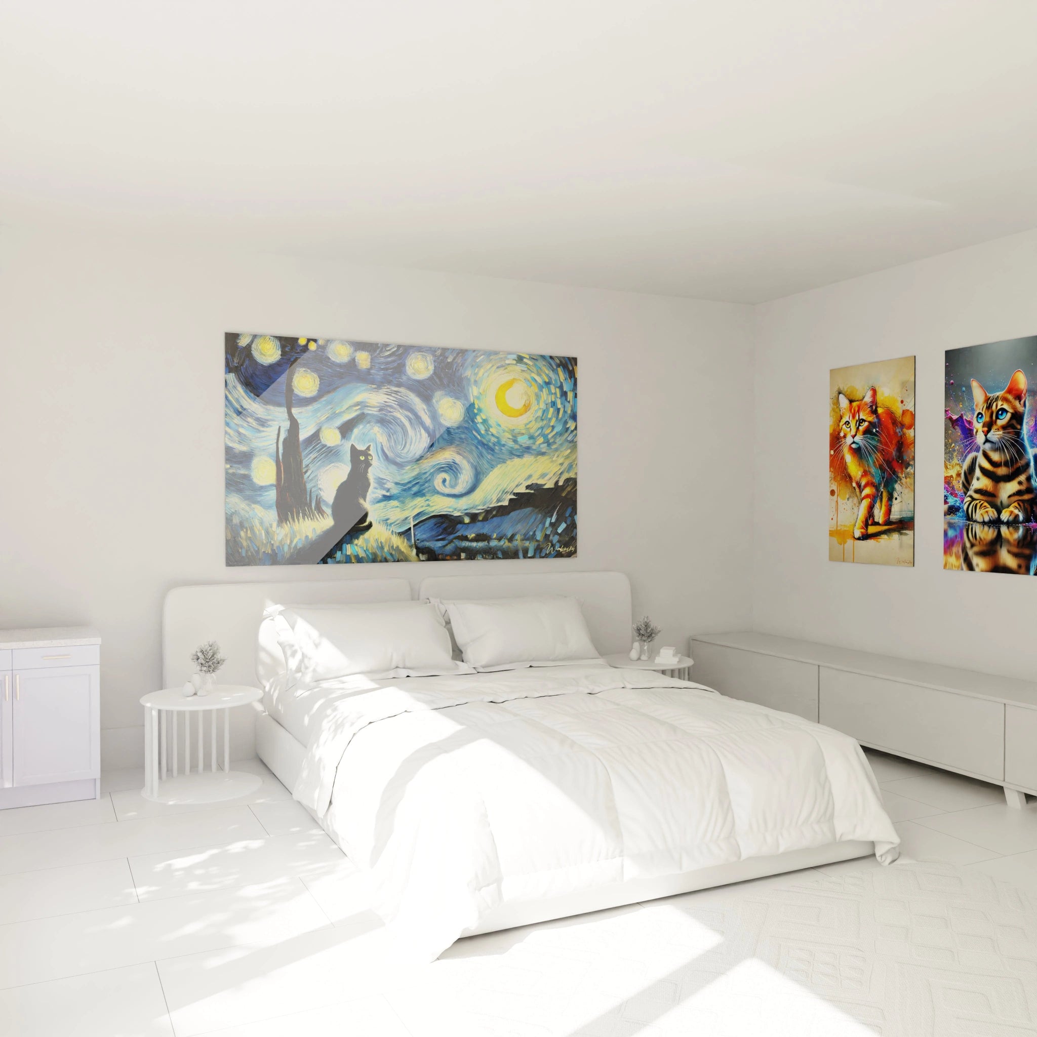 Le tableau chat apporte une ambiance mystique à votre chambre. Accroché au-dessus du lit, il crée une atmosphère apaisante et artistique avec son ciel étoilé tourbillonnant et son chat noir observateur.