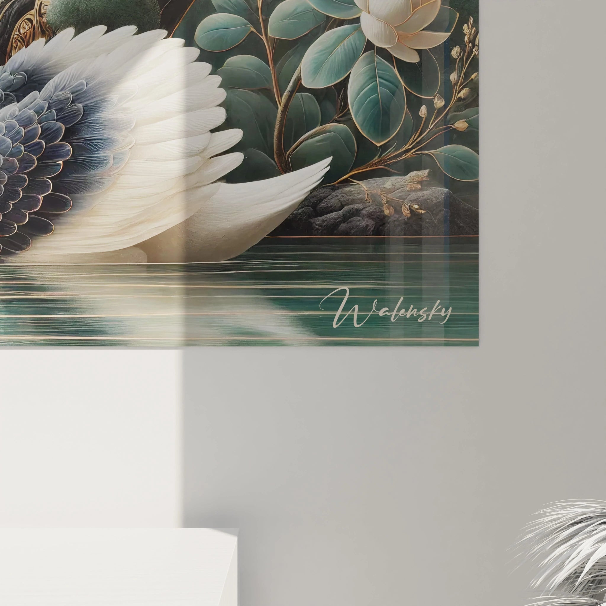 vue de pres du tableau cameleon ou les details minutieux du cygne et des motifs vegetaux invitent a la meditation en ajoutant une touche de nature elegante