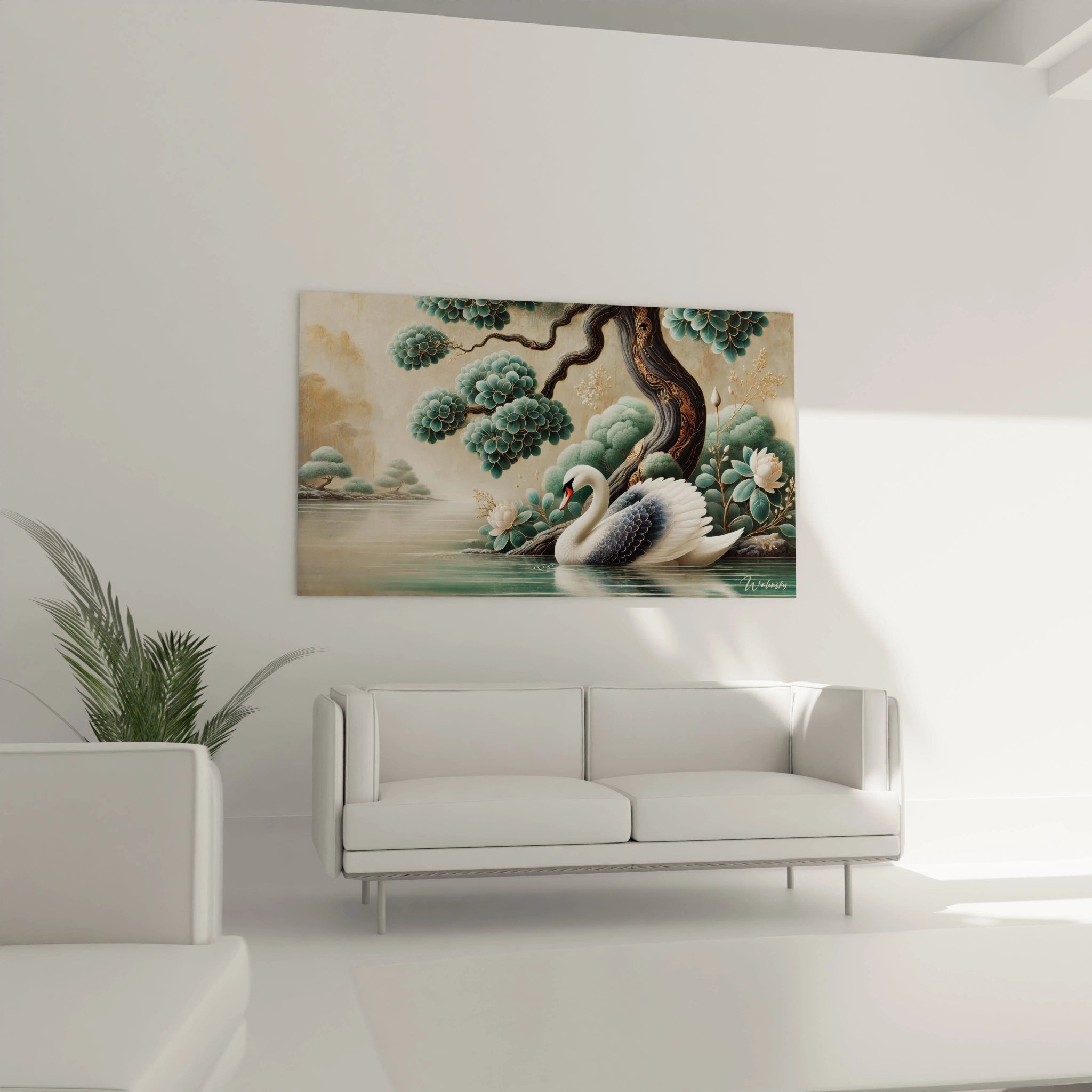 ce tableau cameleon dans un salon au dessus d un canape emane une atmosphere apaisante avec ses couleurs naturelles ideales pour creer un espace de repos et de contemplation