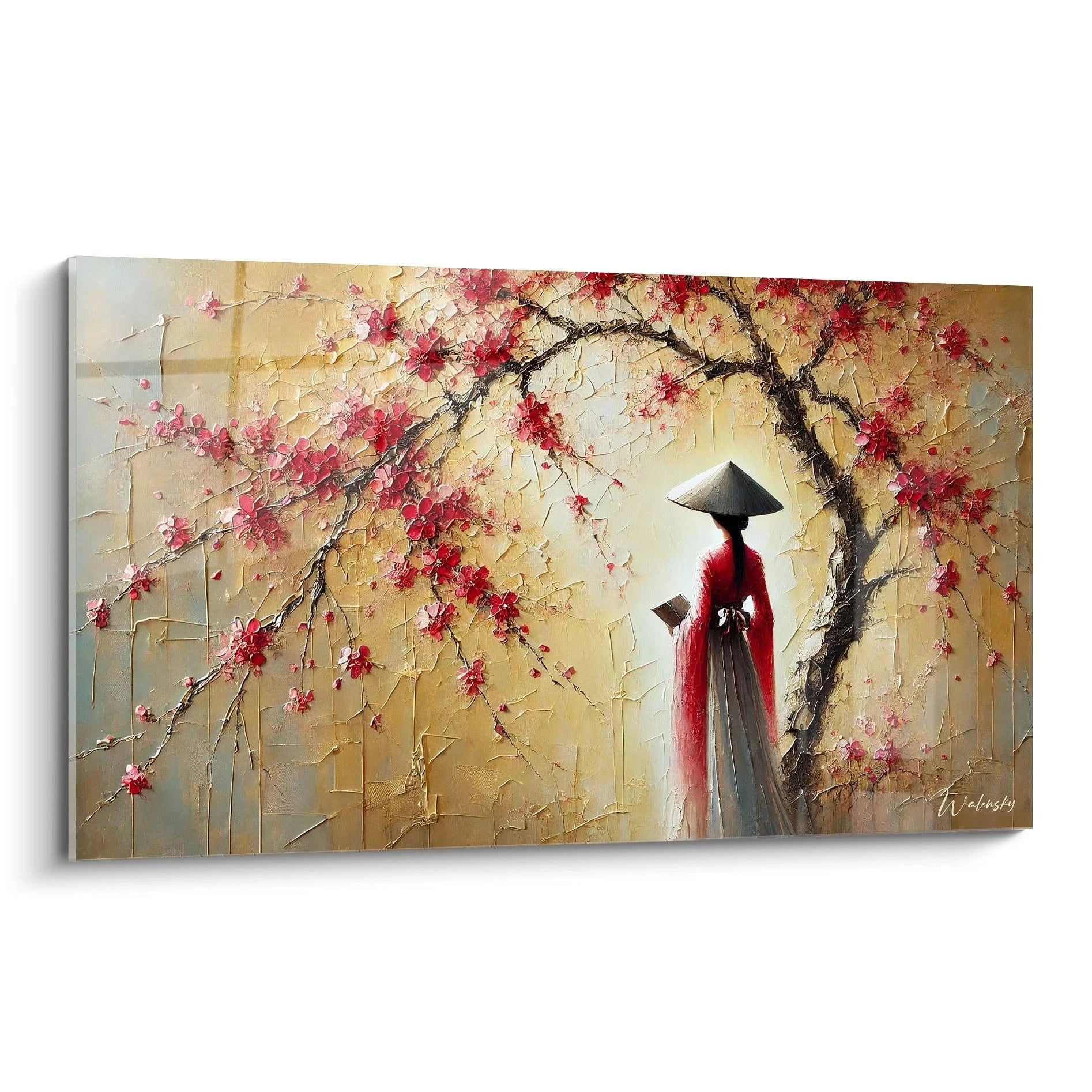 Tableau chinois vu de biais montrant une femme en kimono rouge sous un cerisier en fleurs. Ce tableau apporte une touche de serenite et capture la beaute ephemere de la nature pour une deco elegante.