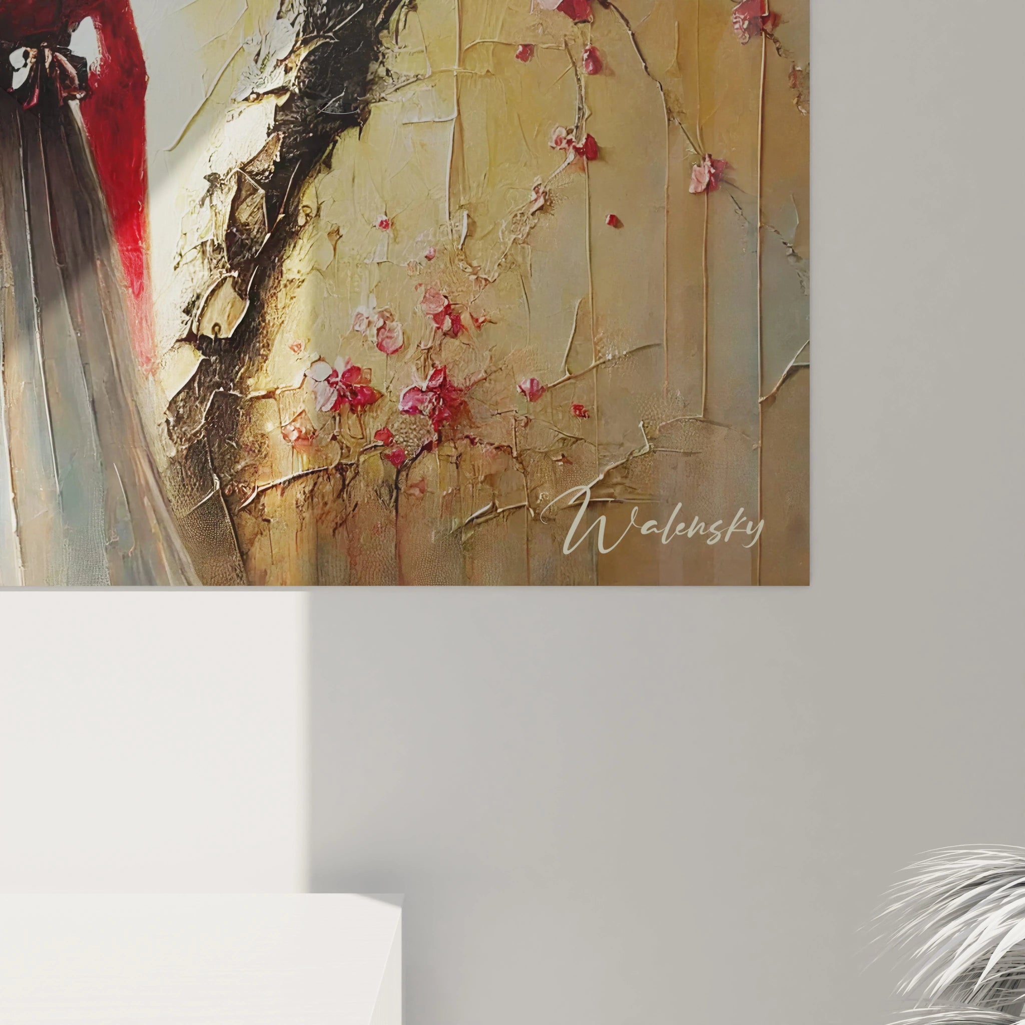 Vue de pres du tableau chinois montrant les details des petales roses et rouges. Chaque fleur semble suspendue dans le temps, creant un effet presque tactile et celebrant la nature