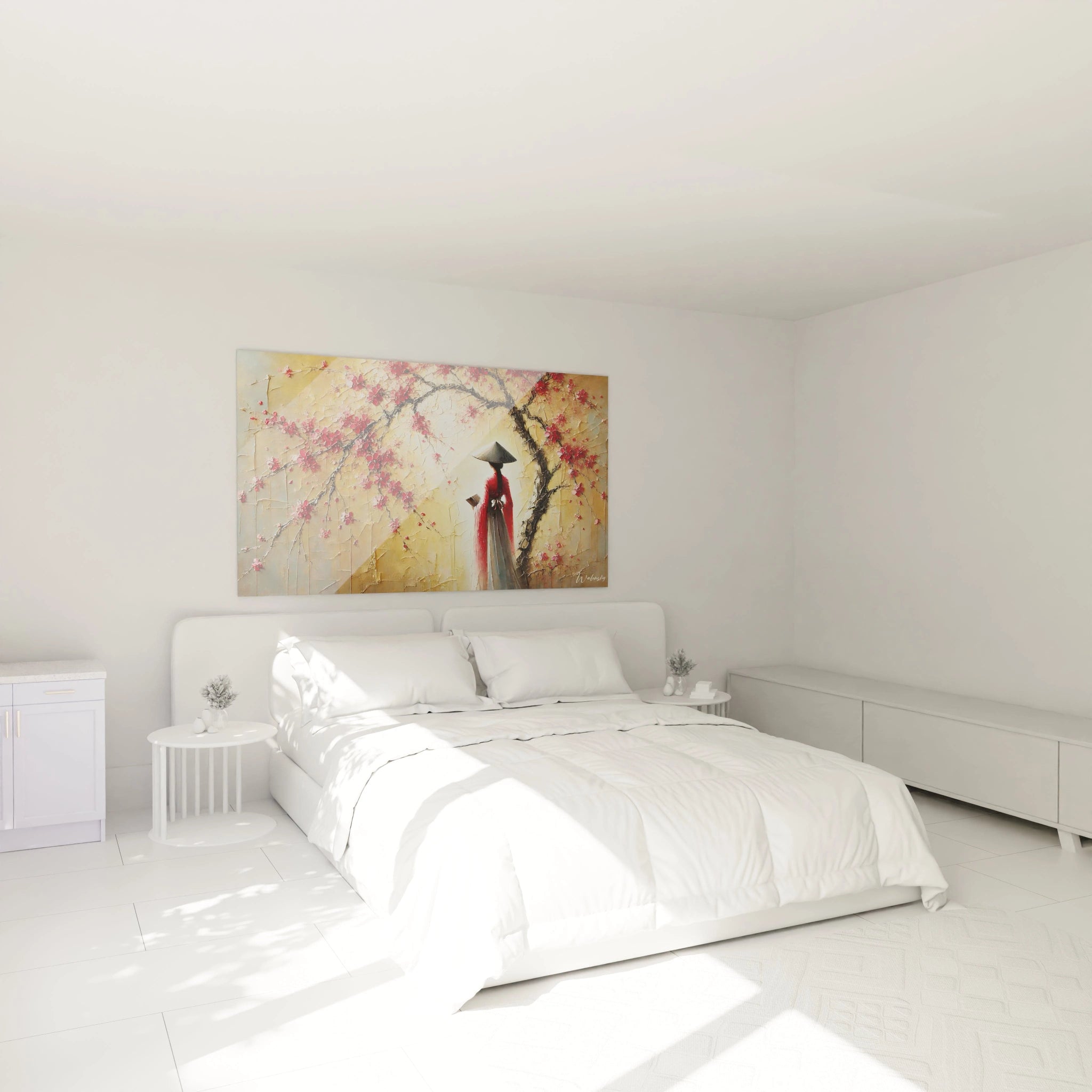 Dans cette chambre, le tableau chinois au-dessus du lit illumine la piece de touches de rouge et de rose. Il offre un moment de serenite et de contemplation, ideal pour un espace de repos inspire.