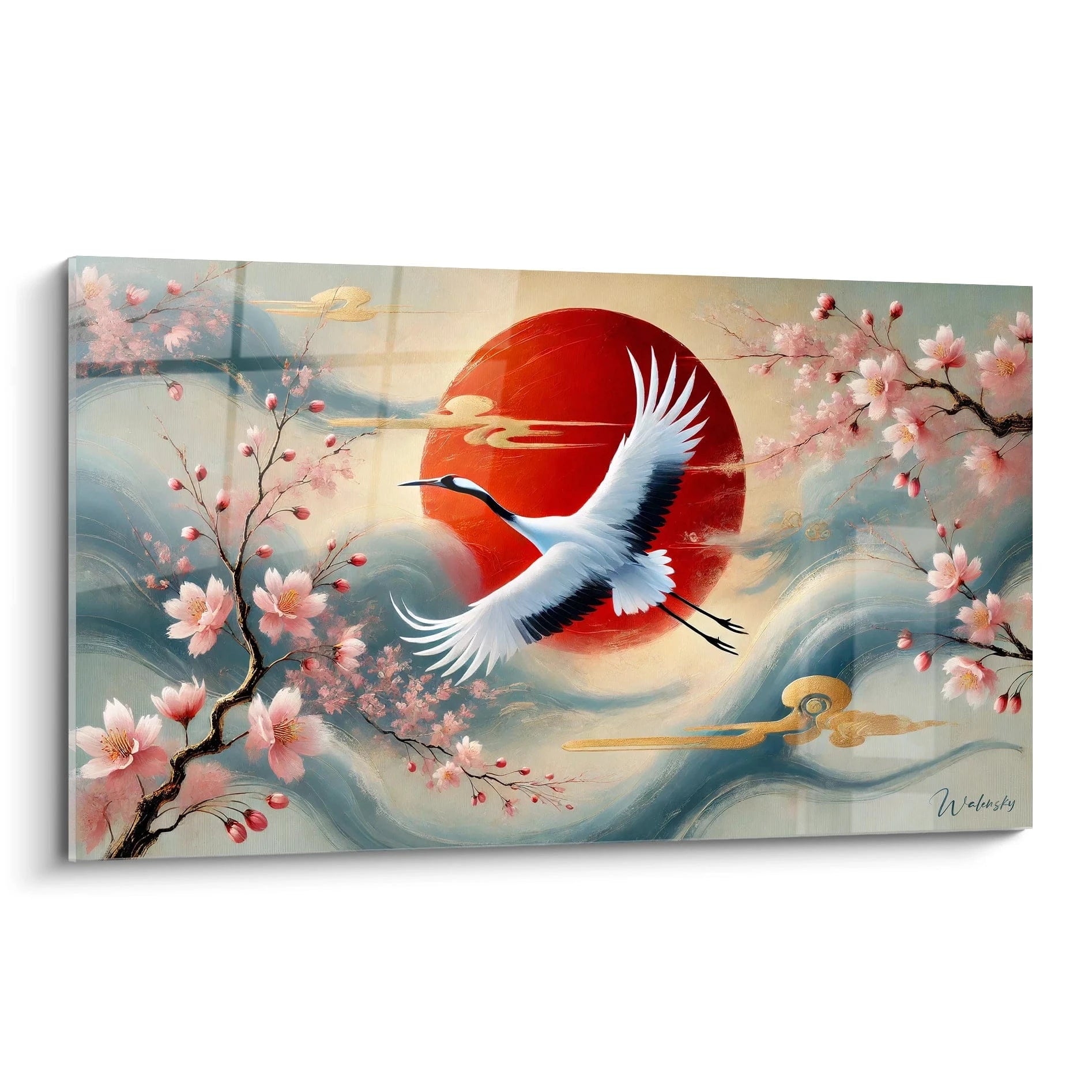 tableau japonais vu de biais capture la grue en plein vol symbolisant la paix et la longévité La composition allie le rouge vibrant du soleil couchant aux tons apaisants pour une harmonie visuelle unique