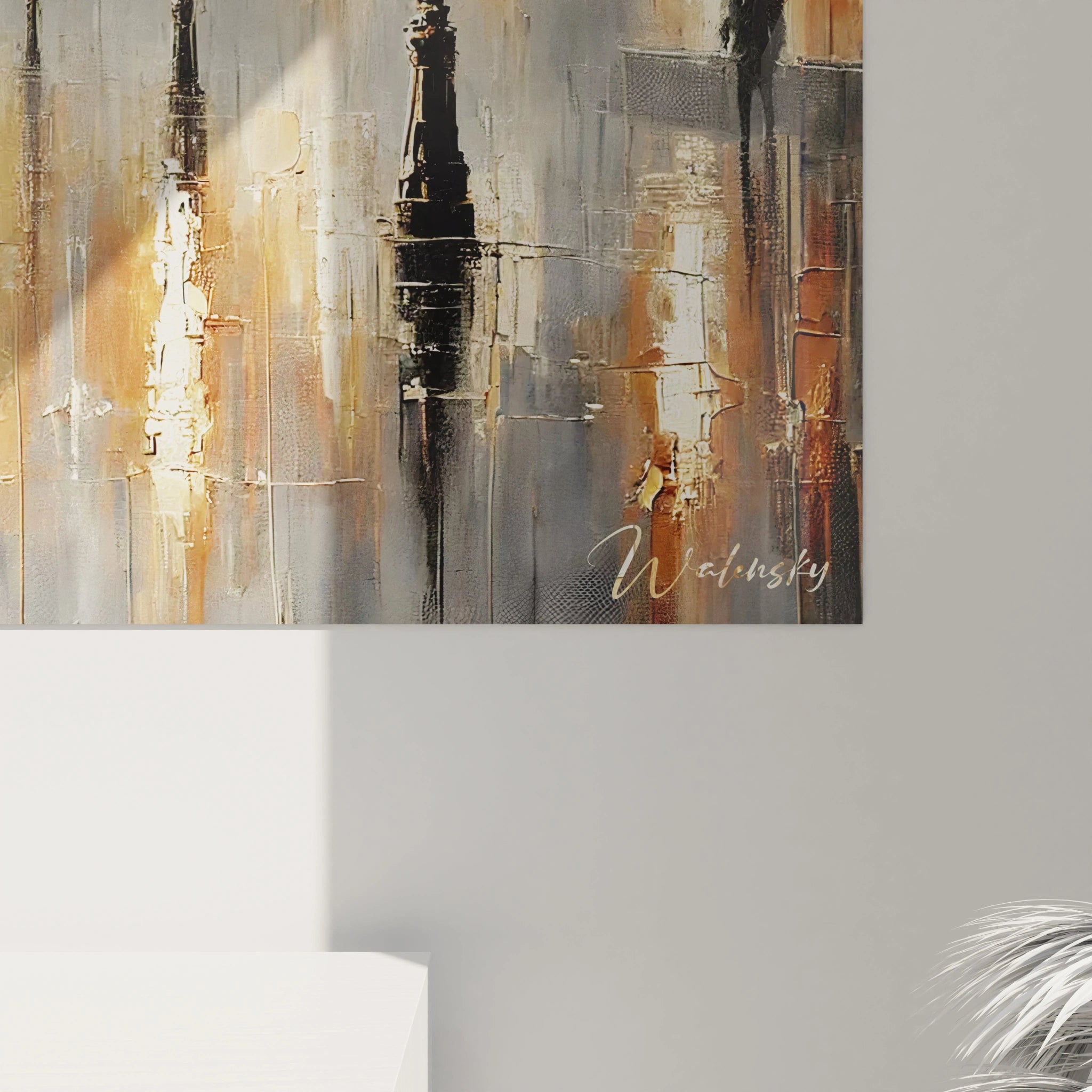 Une vue de près du tableau love révèle les détails impressionnistes et contemporains, chaque coup de pinceau capturant l'intensité et la poésie de l'amour sous la pluie.