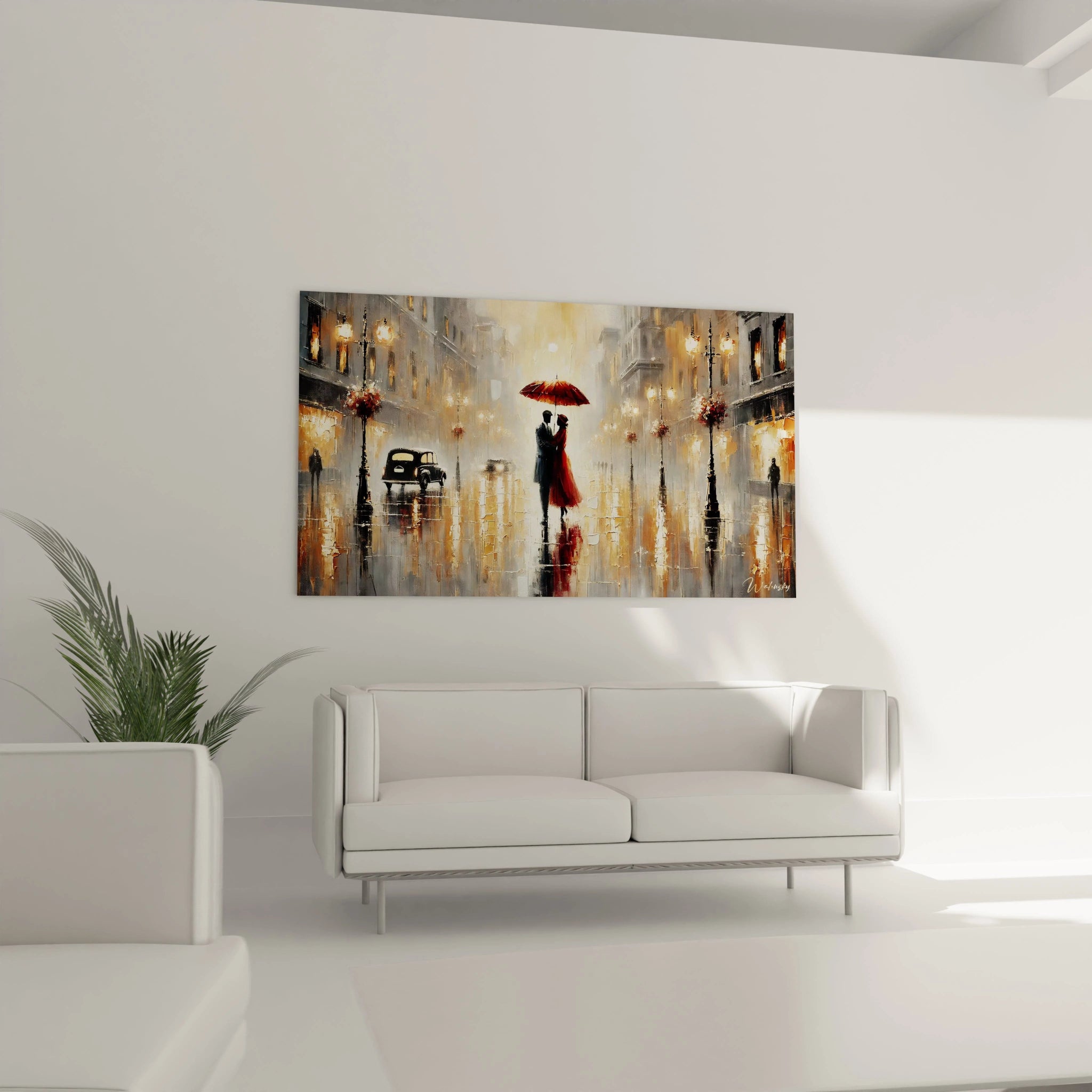 Le tableau love dans un salon au-dessus du canapé, illumine votre espace avec des touches de rouge et d'or, créant une atmosphère élégante et chargée de tendresse.