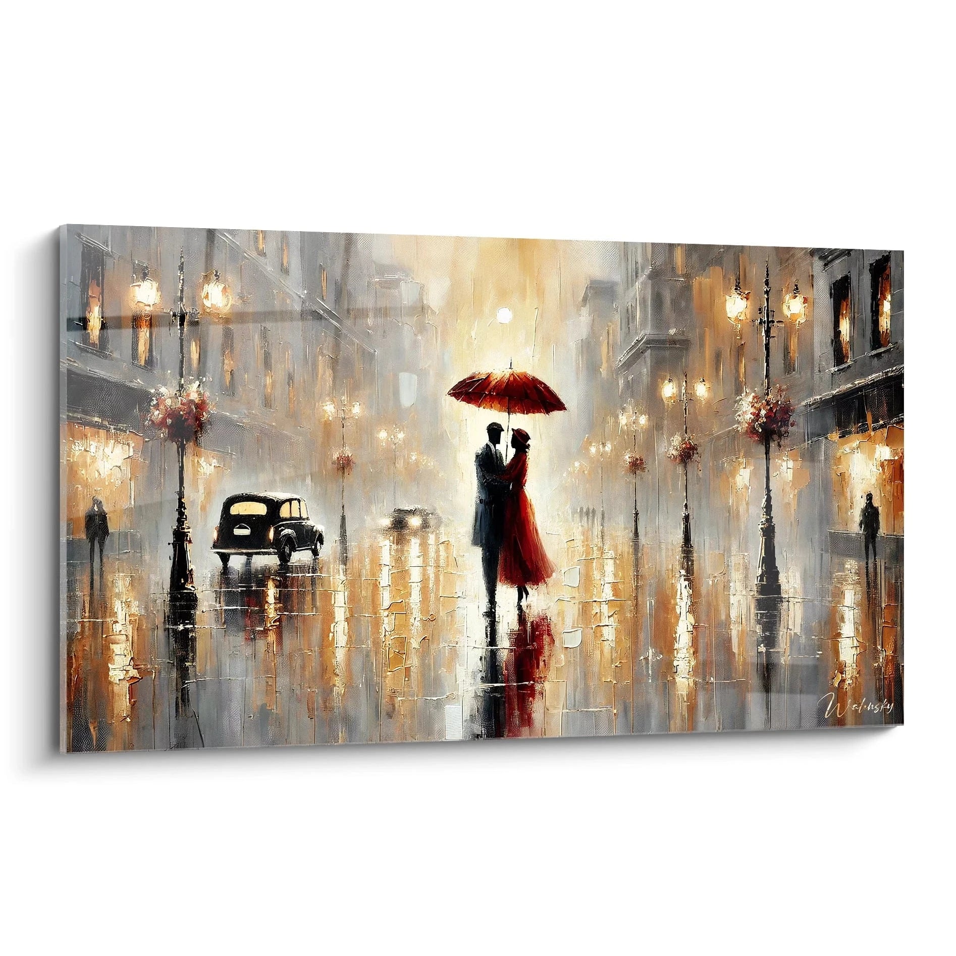 Un tableau love vu de biais, capturant la magie d'une rencontre intime sous un parapluie rouge. Ajoutez une touche romantique et cinématographique à votre décoration.