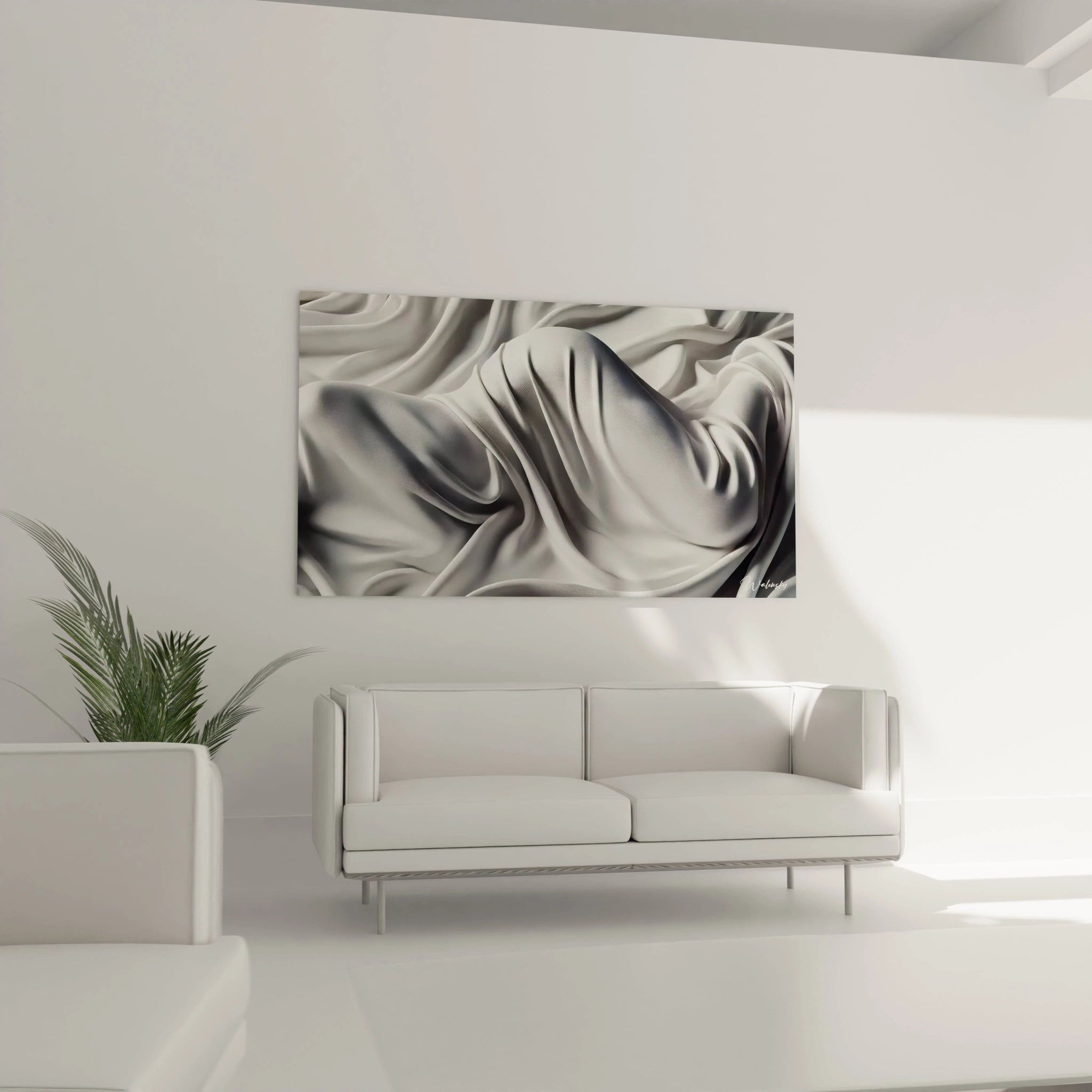 Dans le salon, le tableau abstrait du corps drapé apporte élégance et mystère. La texture soyeuse et les ombres subtiles se marient parfaitement à l’espace moderne.