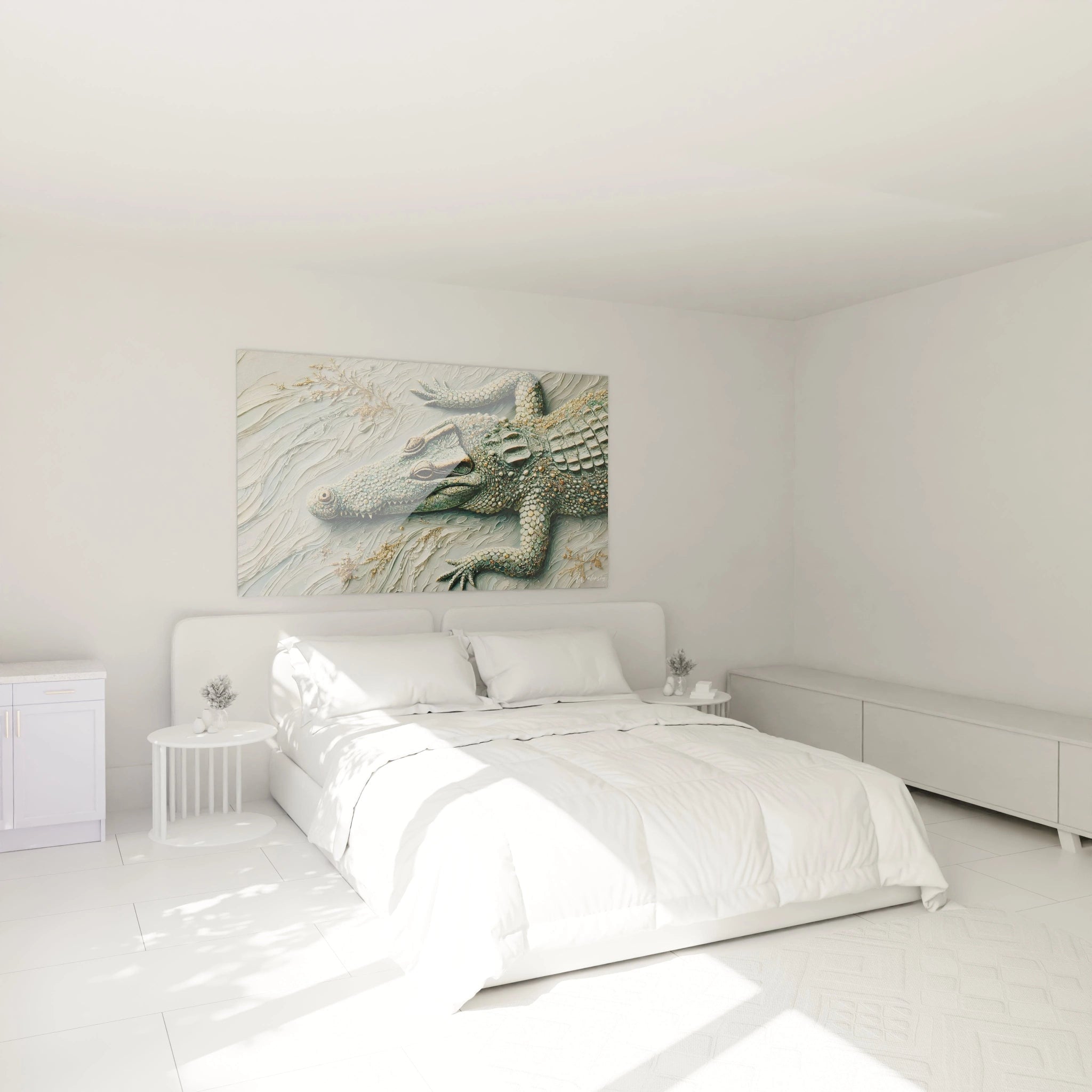 Sublimez votre chambre avec ce tableau crocodile au-dessus du lit. Sa texture en relief et ses tons verts, or et gris apportent une touche d'elegance contemporaine a votre decoration.