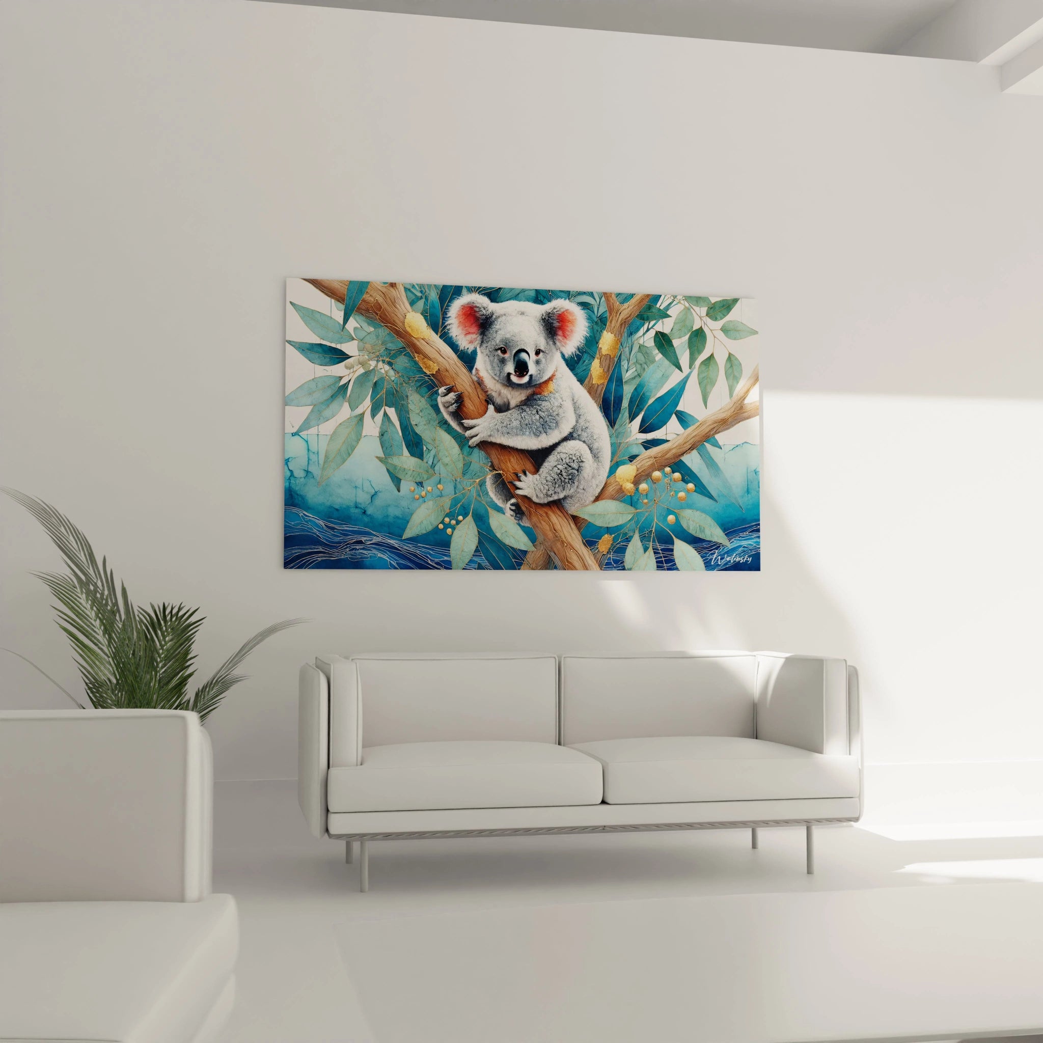Ce tableau koala au-dessus du canapé dans le salon attire tous les regards. Ses nuances vertes, bleues et dorées apportent une touche exotique et élégante à votre décoration intérieure.