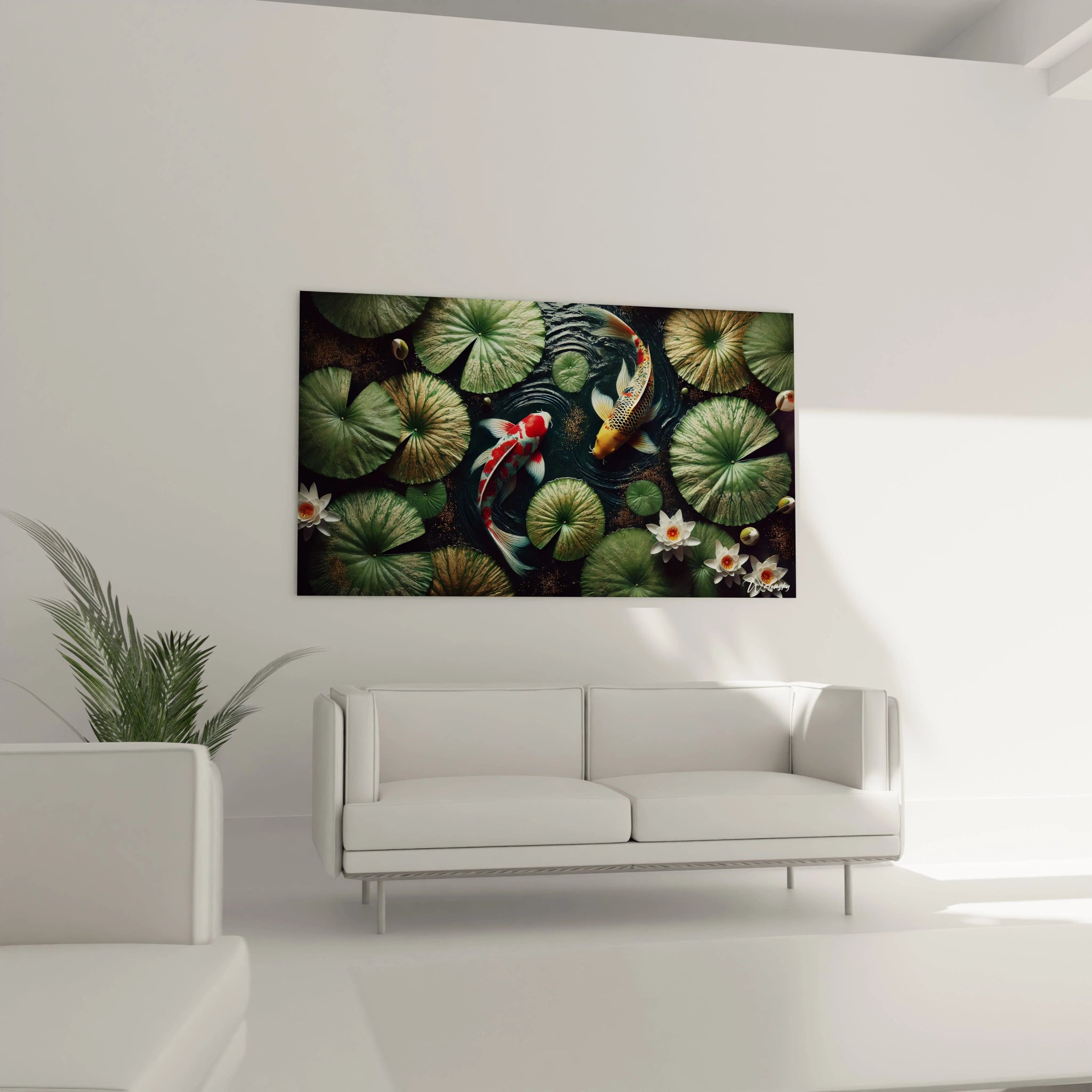 Sublimez votre salon avec ce tableau koi. Accroché au-dessus du canapé, il évoque la fluidité et la sérénité d’un étang japonais.