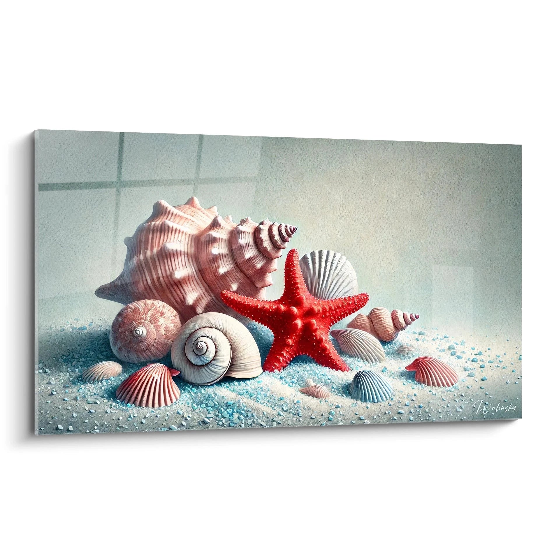 Tableau Coquillage avec vue de biais : un hommage aux merveilles marines. Ce tableau capture le contraste entre le rouge vibrant de l etoile de mer et la douceur des coquillages roses et bleus