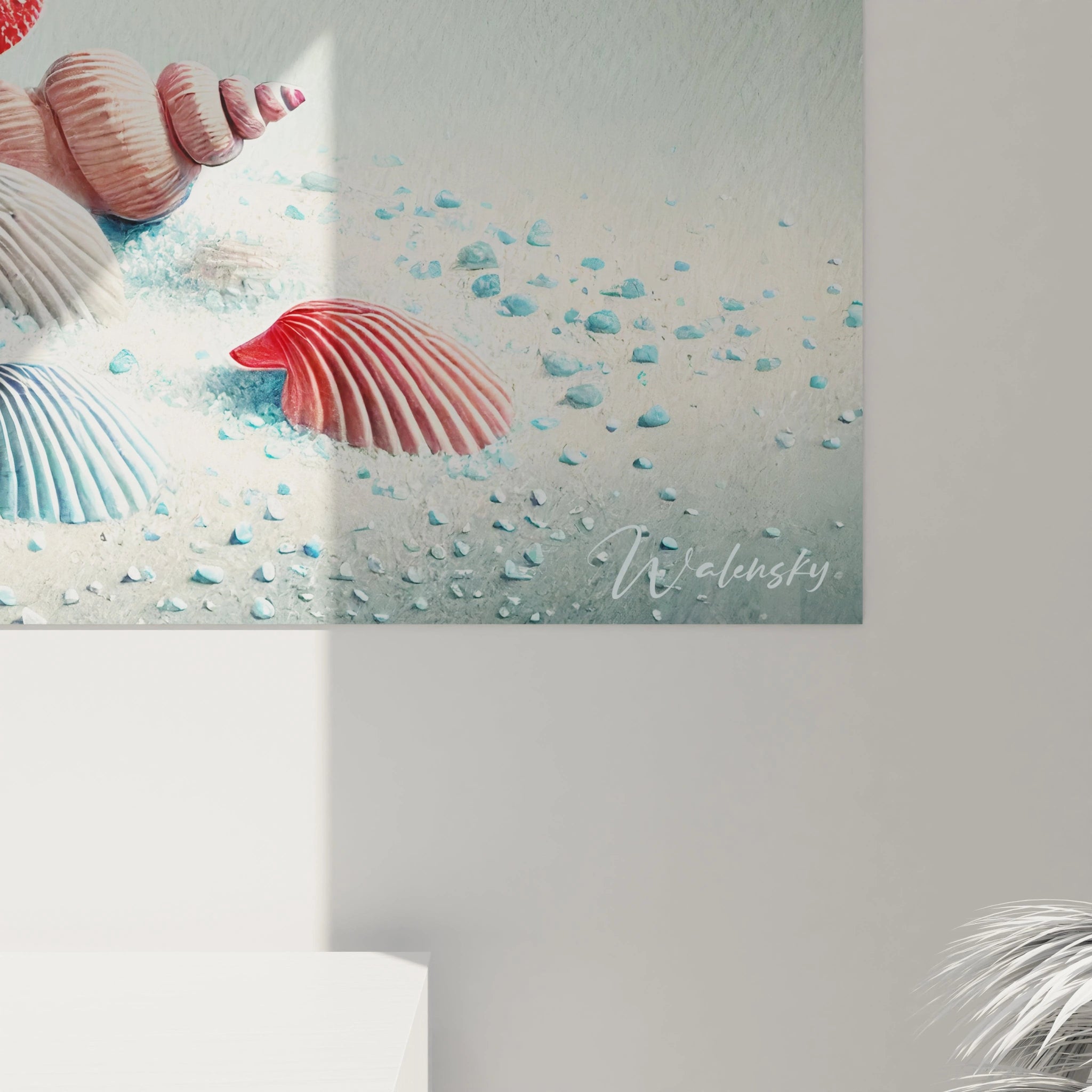 Vue de pres, ce tableau Coquillage revele des details realistes et harmonieux. Le contraste des couleurs rouges et pastels evoque la serenité d une promenade en bord de mer