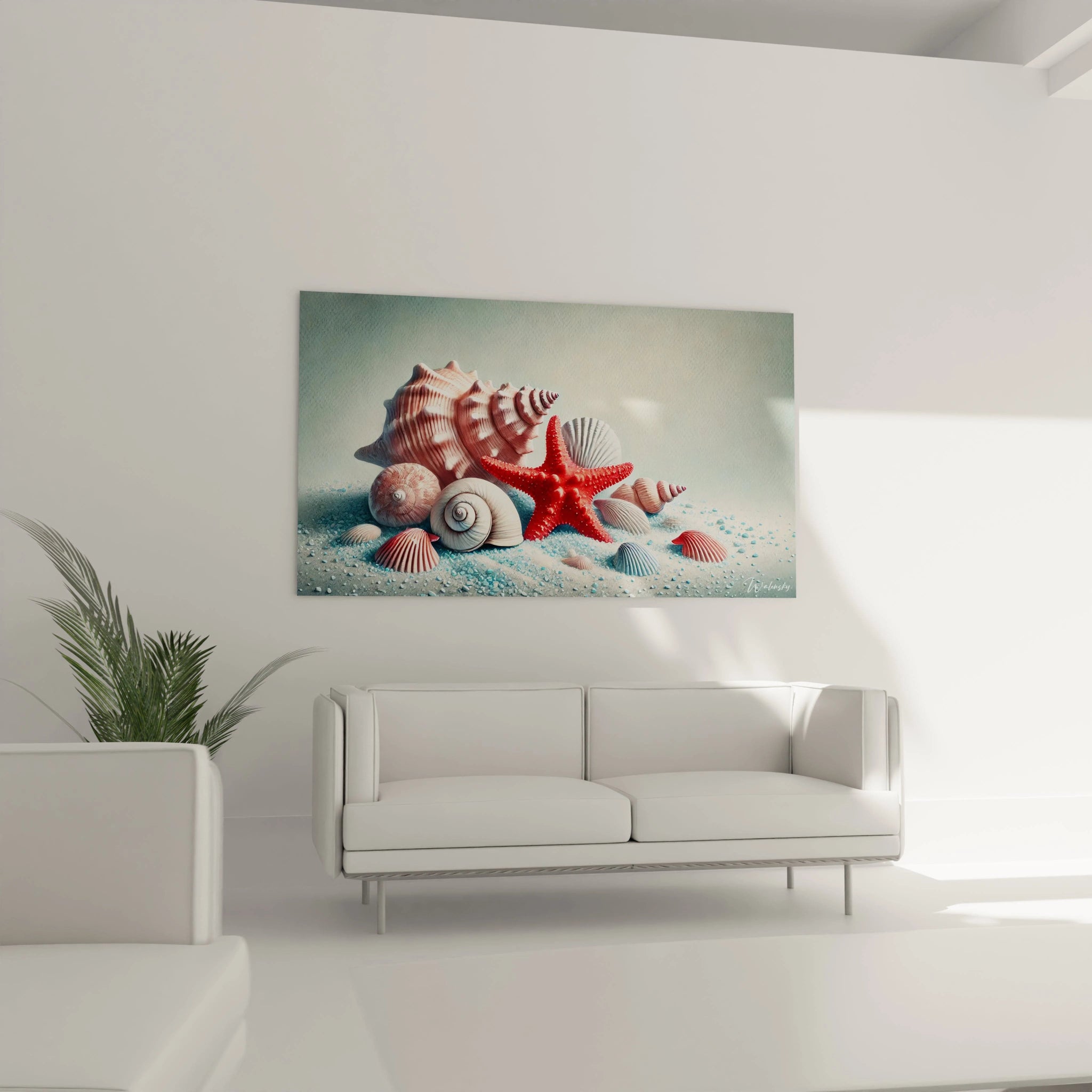Dans le salon, au-dessus du canapé, ce tableau Coquillage illumine la piece avec ses nuances rouges, roses et bleues. Un decor apaisant et evocateur de la beauté de l ocean