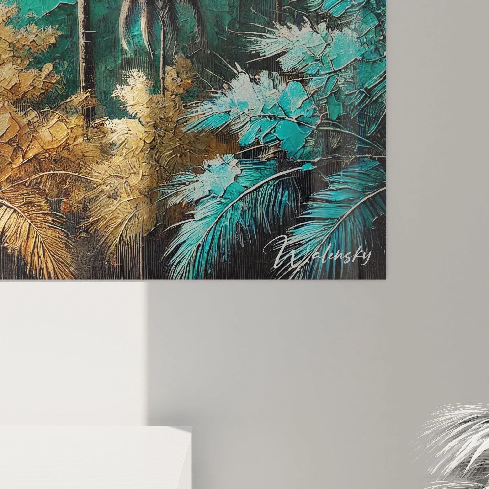 Vue de pres du tableau Palmier revelant des details riches des palmiers et des touches dorees pour une ambiance moderne et elegante