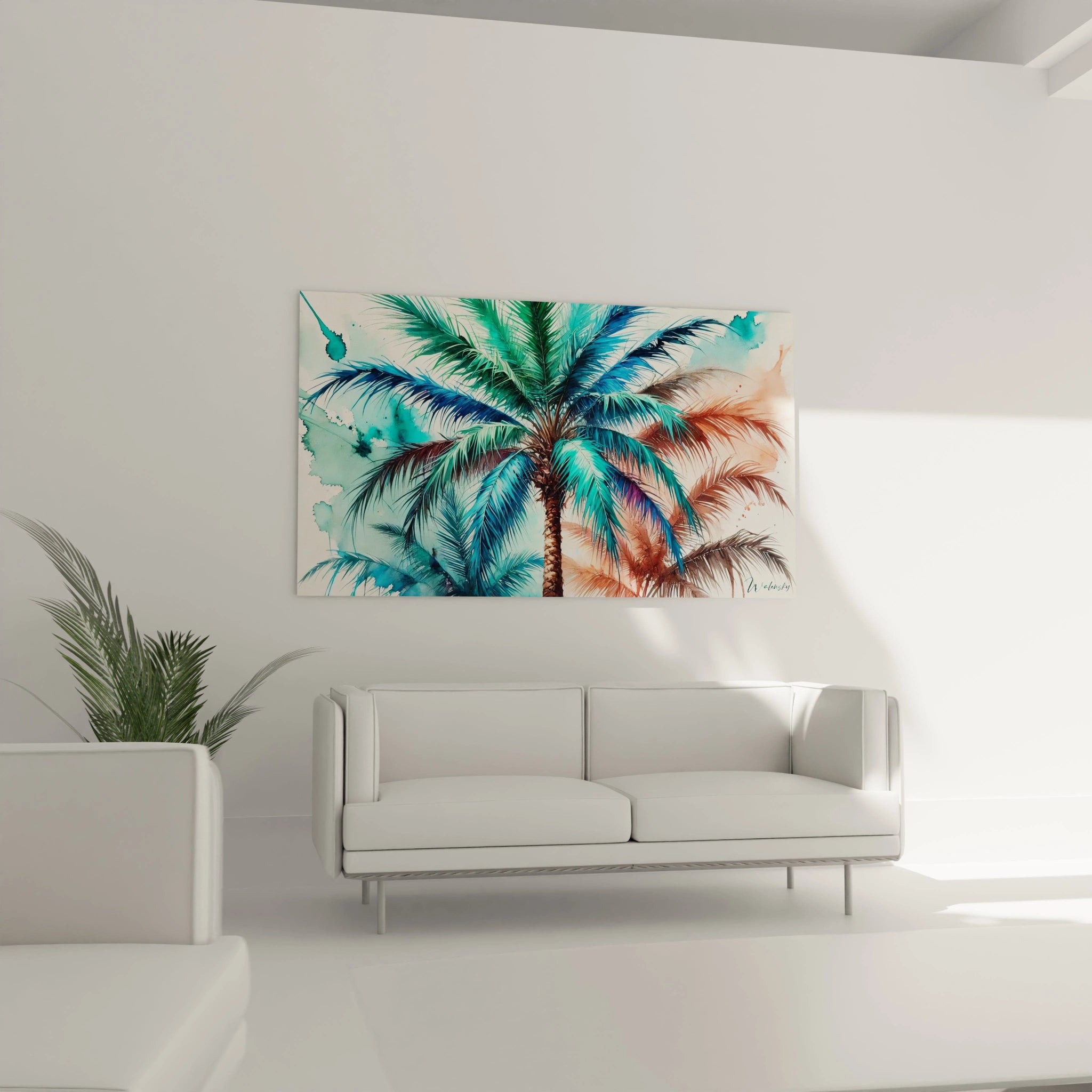 tableau Palmier dans un salon au-dessus d un canapé ajoutant une touche d exotisme et de sophistication aux nuances dorées et grises