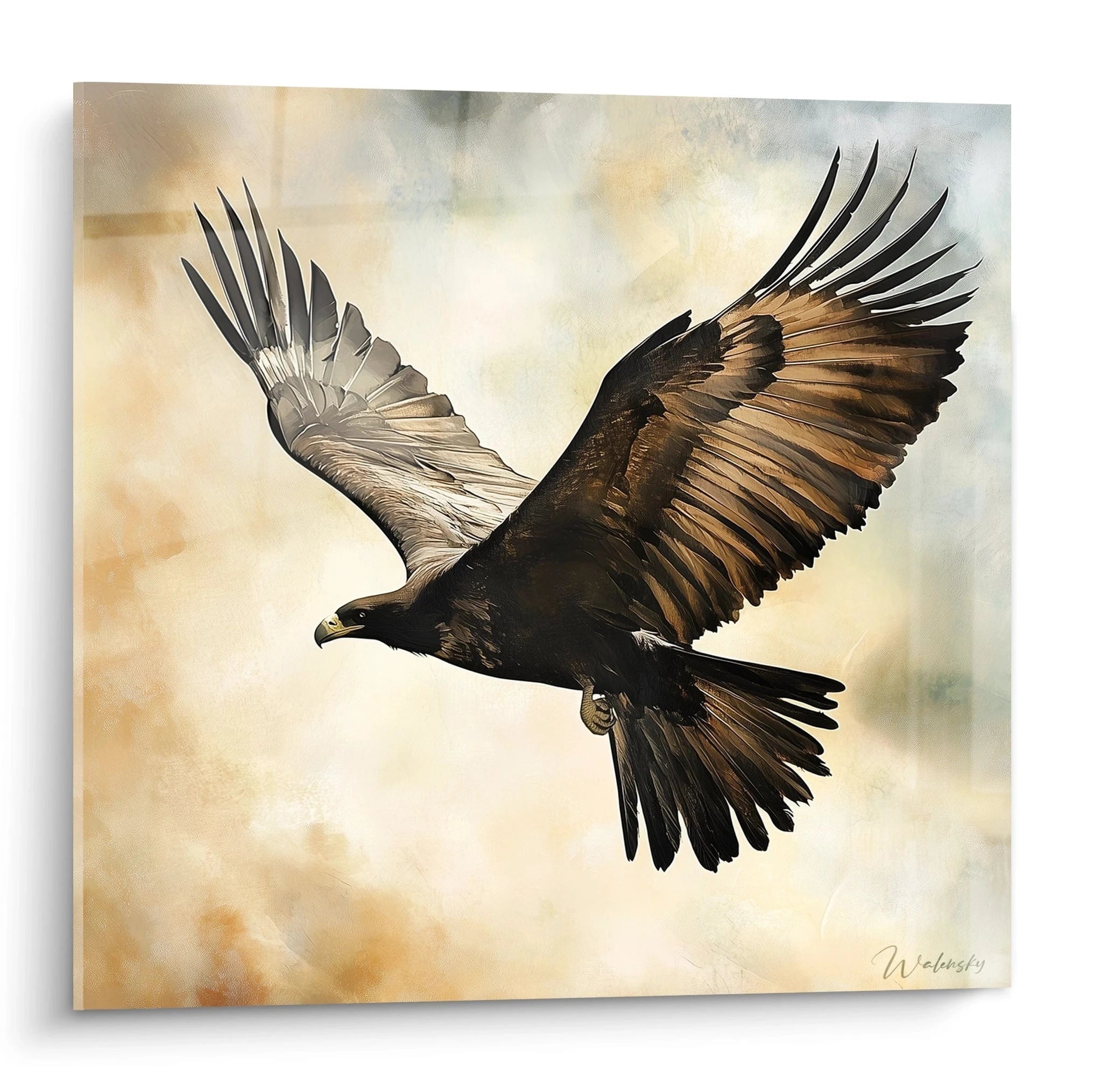 Tableau aigle majestueux en plein vol avec des plumes détaillées et un fond doux signé Walensky