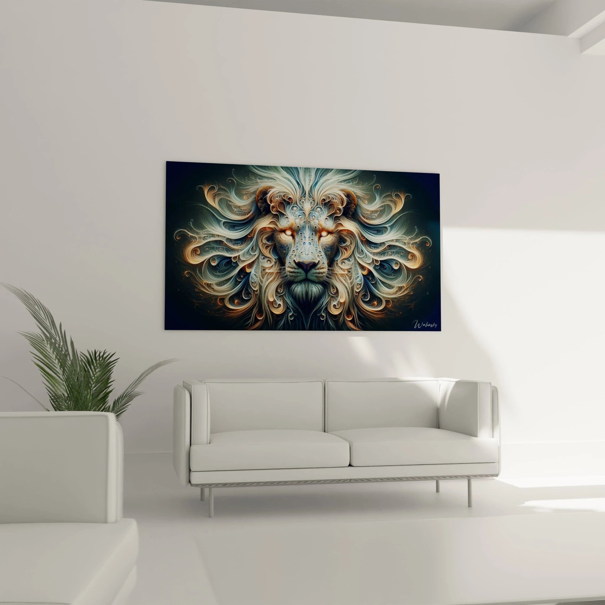 Un tableau d'animal montrant un lion dont le pelage est entièrement composé de courbes et volutes ornementales. Les textures ondoyantes blanc-bleu et dorées créent des motifs symétriques complexes qui s'étendent depuis le visage. Les yeux ambrés brillants et le museau sombre ancrent cette composition abstraite dans une représentation féline identifiable.