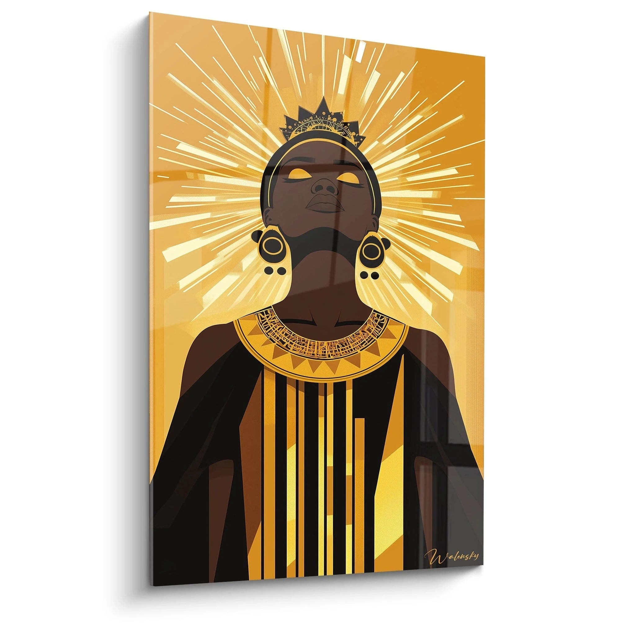 Tableau africain mural Walensky représentant une femme royale avec couronne et bijoux dorés