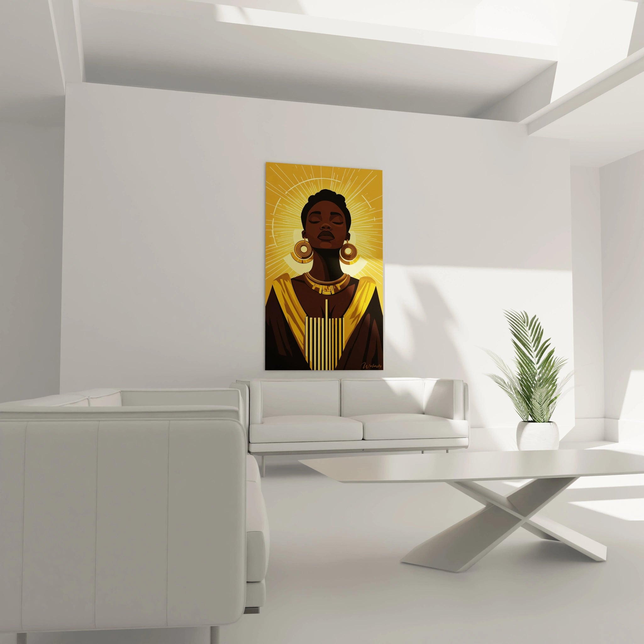 Tableau africain mural représentant une femme noire avec bijoux dorés dans un salon moderne blanc