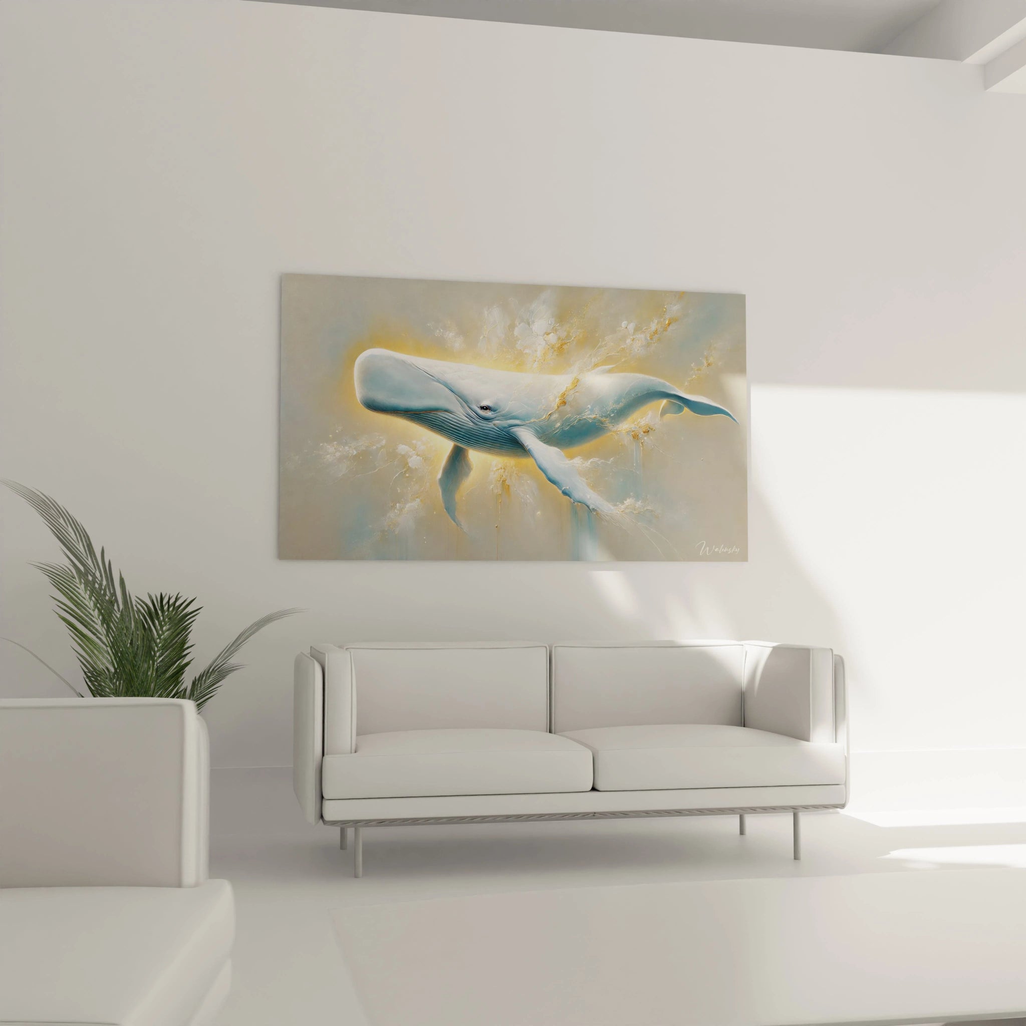 tableau cachalot dans un salon moderne au dessus d un canape evoque puissance tranquille et serenite les nuances lumineuses du bleu et dore creeront une touche unique dans votre interieur