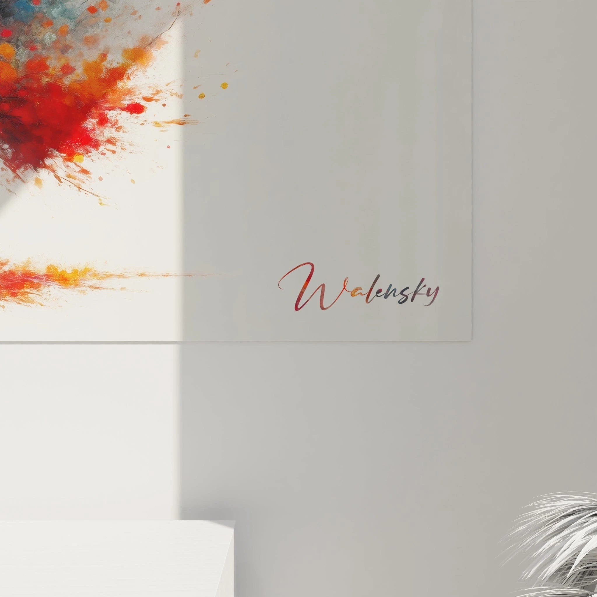 Tableau abstrait présentant un érable aux couleurs automnales en mouvement. Spectre chromatique de rouge carmin, orange cuivré et noir de jais. Texture expressive avec mélange de techniques créant un feuillage dynamique. Motif d'arbre solitaire avec tronc torsadé et frondaison exubérante suggérée par éclatement de couleurs chaudes sur un arrière-plan minimaliste.