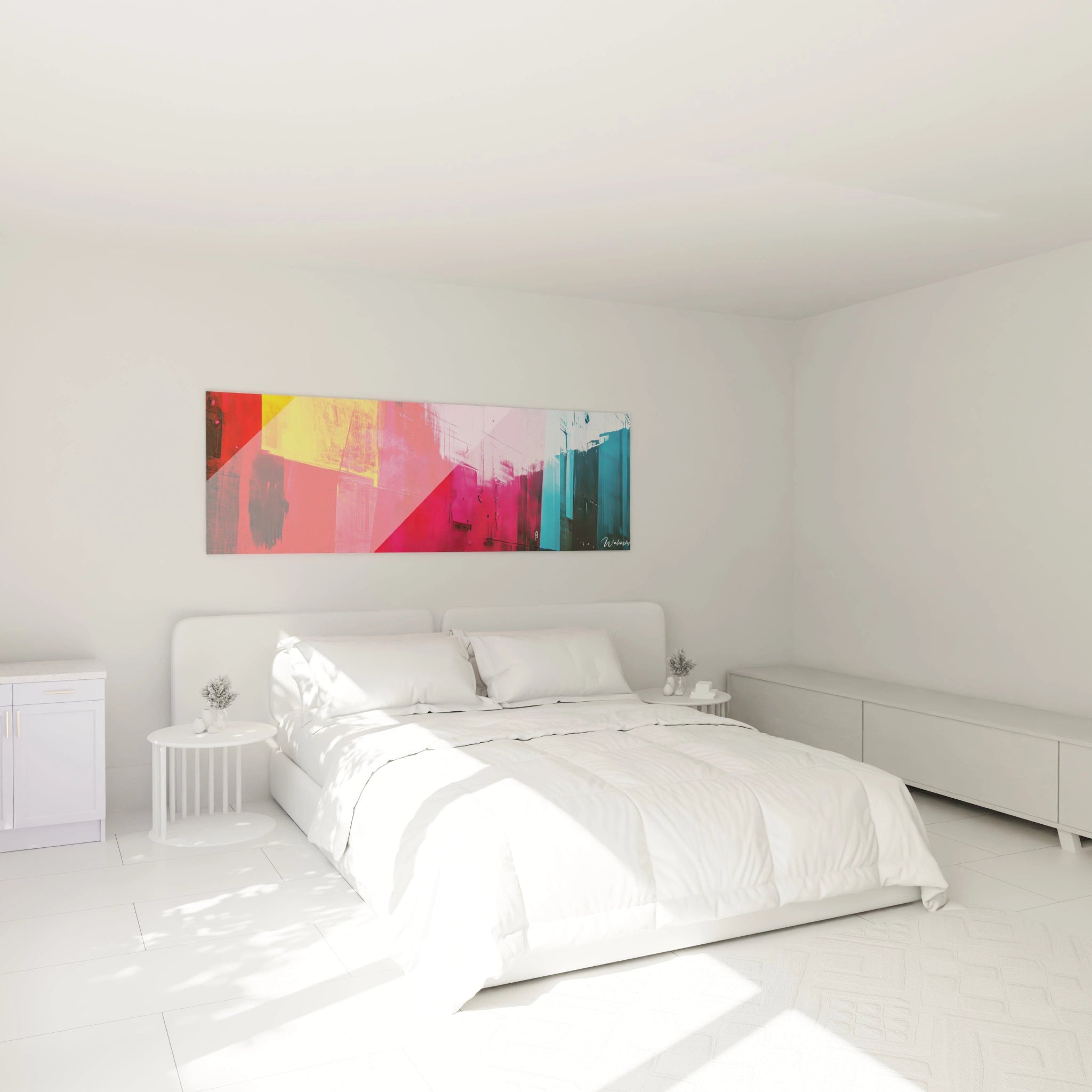 Tableau panoramique abstrait composé de sections colorées juxtaposées en rouge écarlate, rose vibrant et bleu profond, offrant une lecture horizontale rythmée par des transitions fluides et des contrastes marqués entre teintes chaudes et froides.